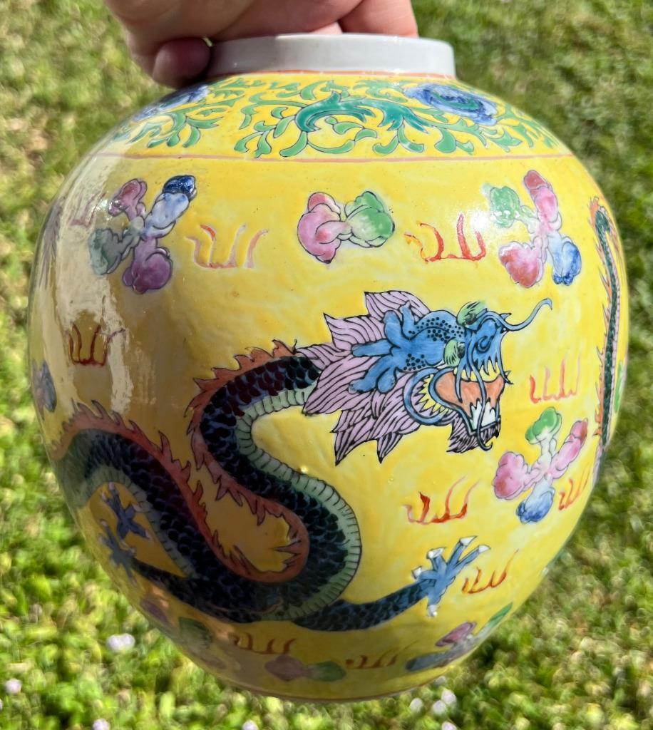 Asian Ceramic Pottery or Porcelain Painted Vase Urn Flowers Birds Yellow Chinese