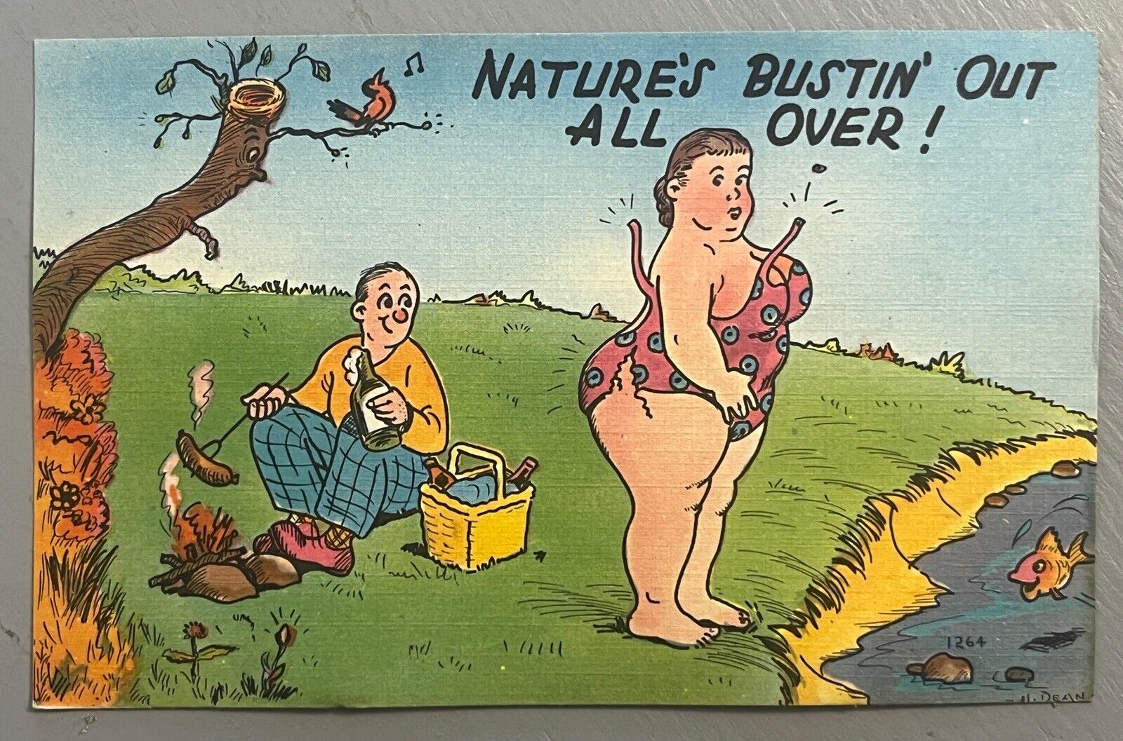 Comic Postcard BBW Fat Woman Big Butt Swimsuit Bustin Out All Over Linen VJ