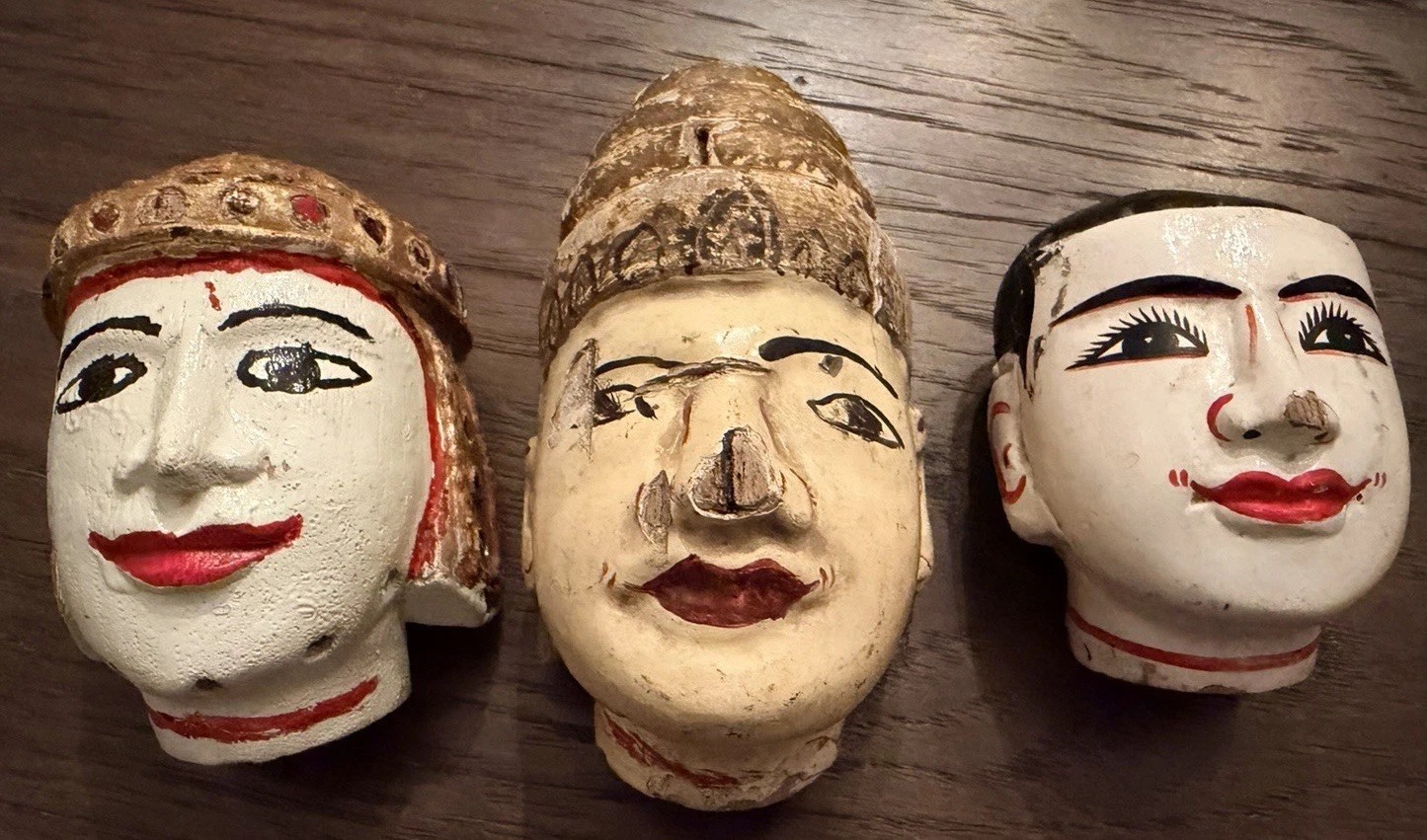 Set Of 3 Vintage Hand Carved Burmese Puppets Heads see pics