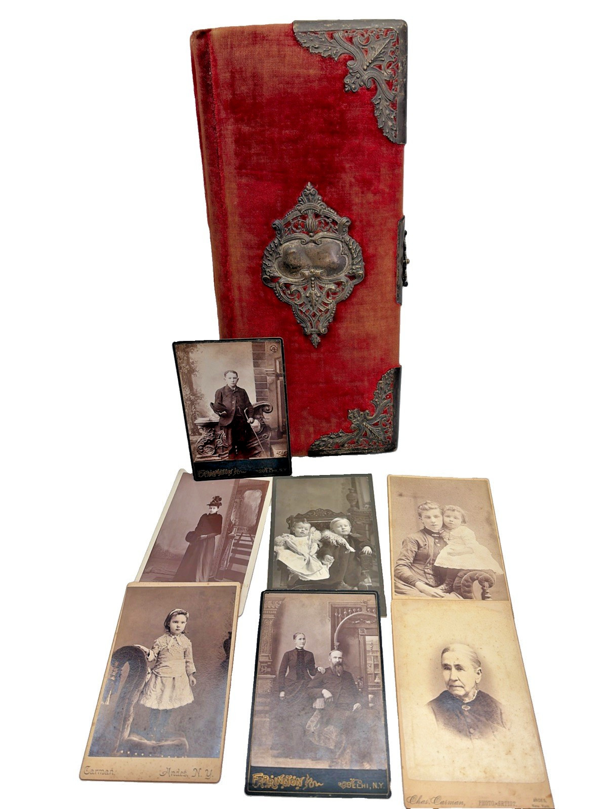 Antique Victorian Photo Album WITH Cabinet Cards Photos Velvet Cover Metal 1882