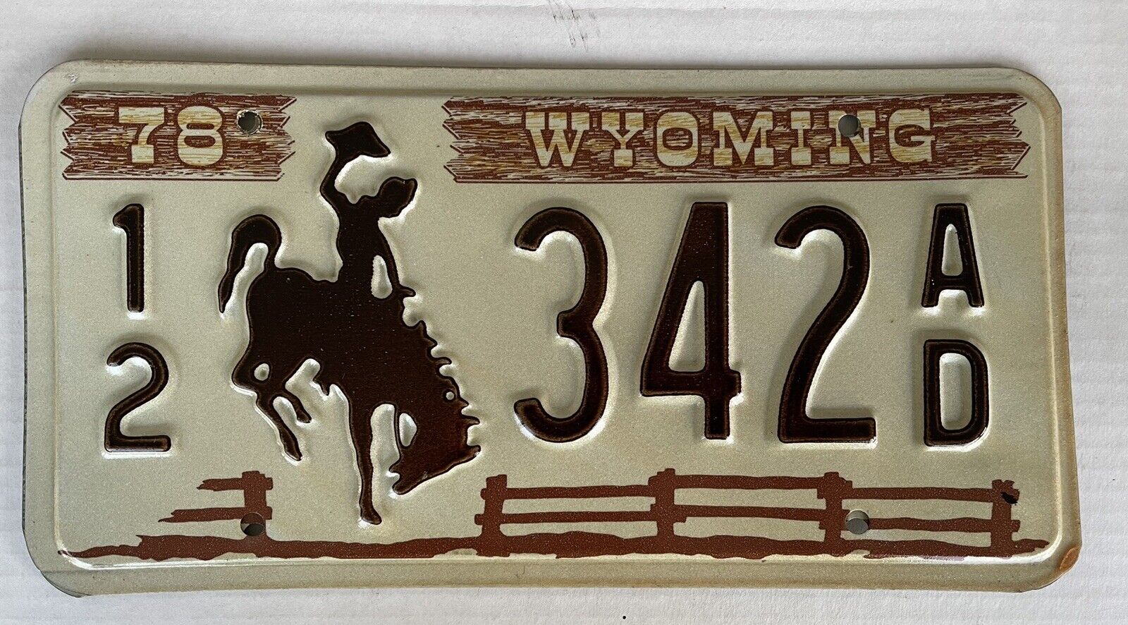 WYOMING 1978 License Plate 12 342 AD  Bucking Bronco  Vintage New Old Stock