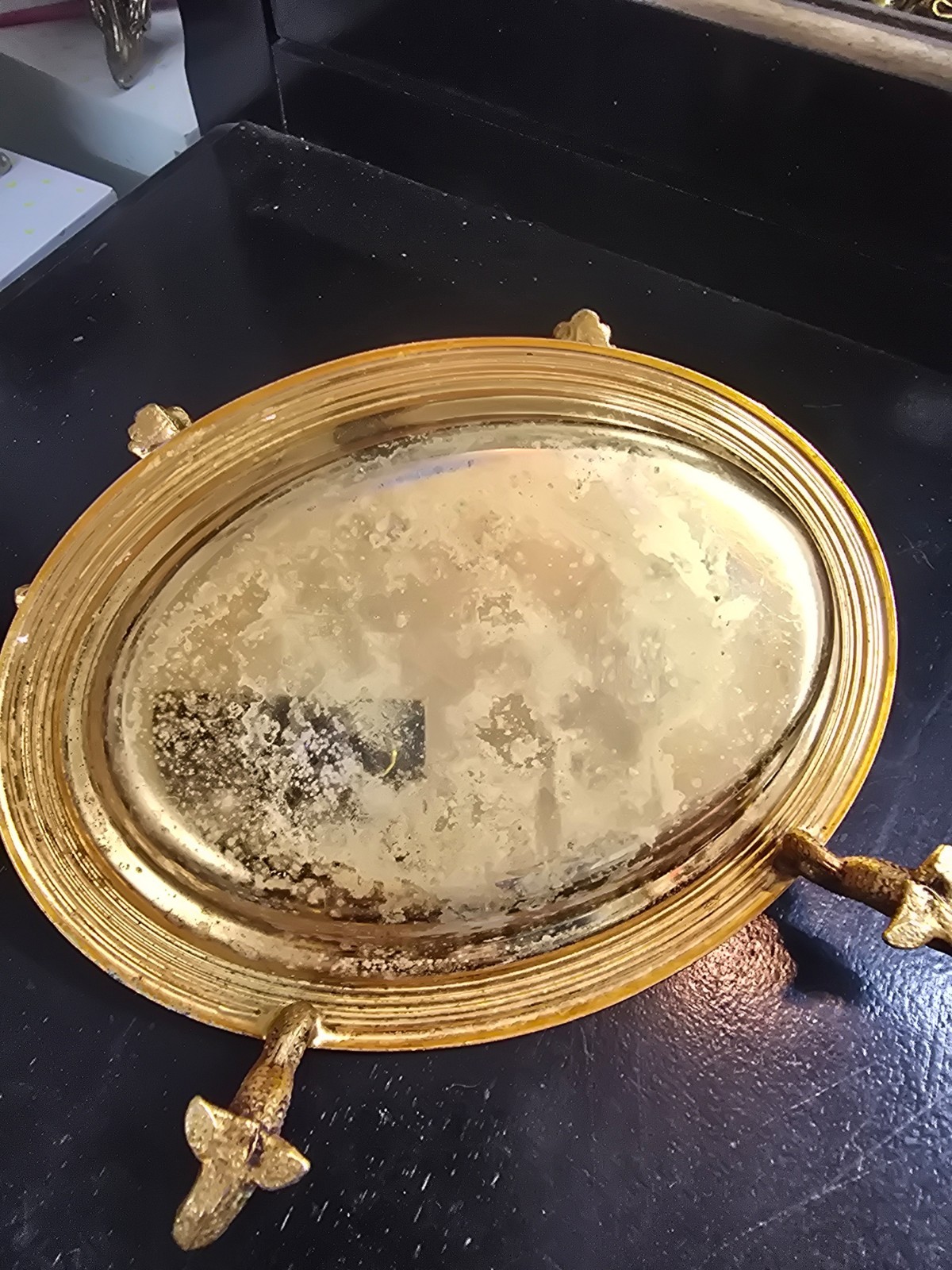 Vintage Gold Tone Oval Footed Vanity Tray Worn Reflective Center Regency