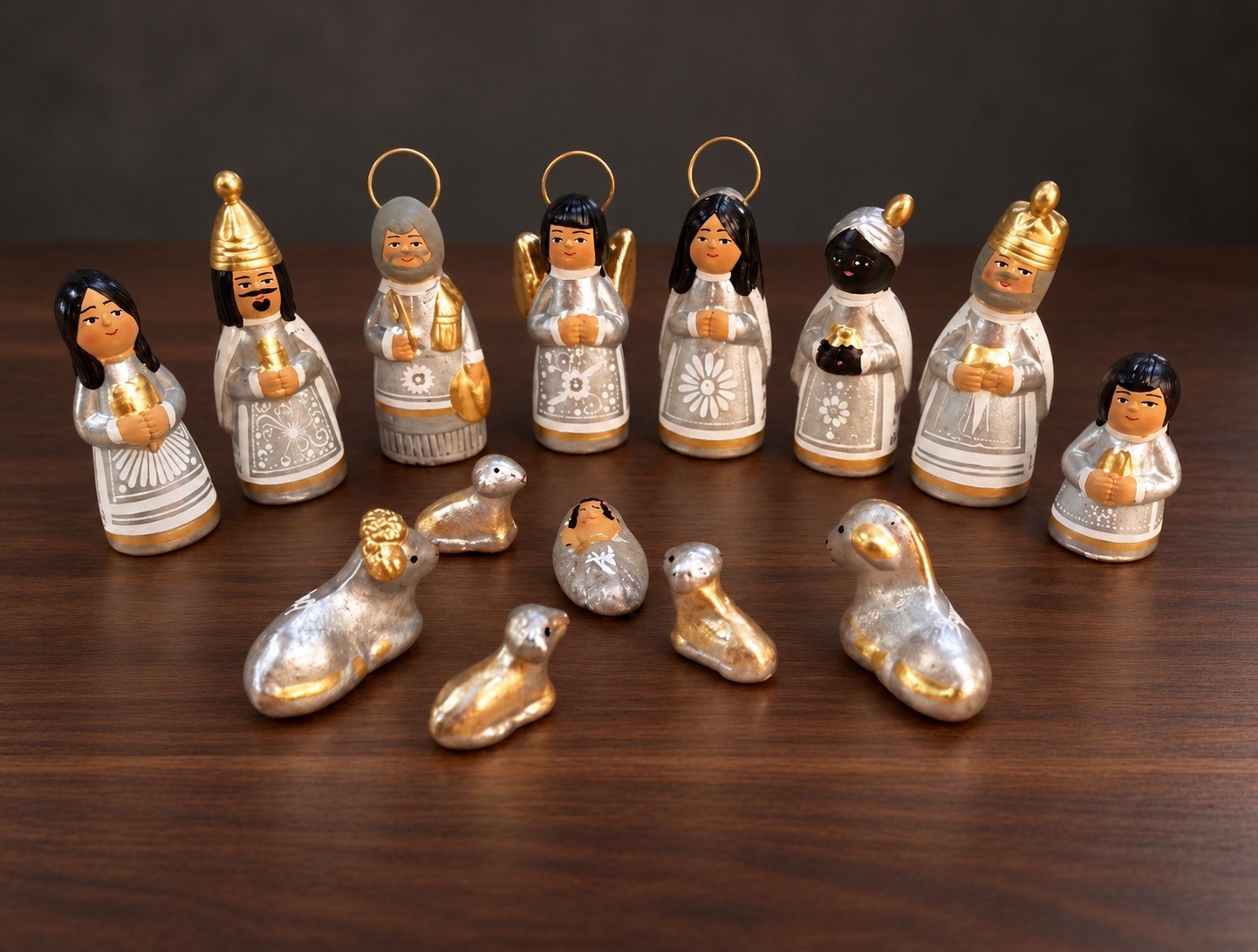 Nativity Set  silver Gold Christmas Figurines  Hand Paintef - Mexican Cly