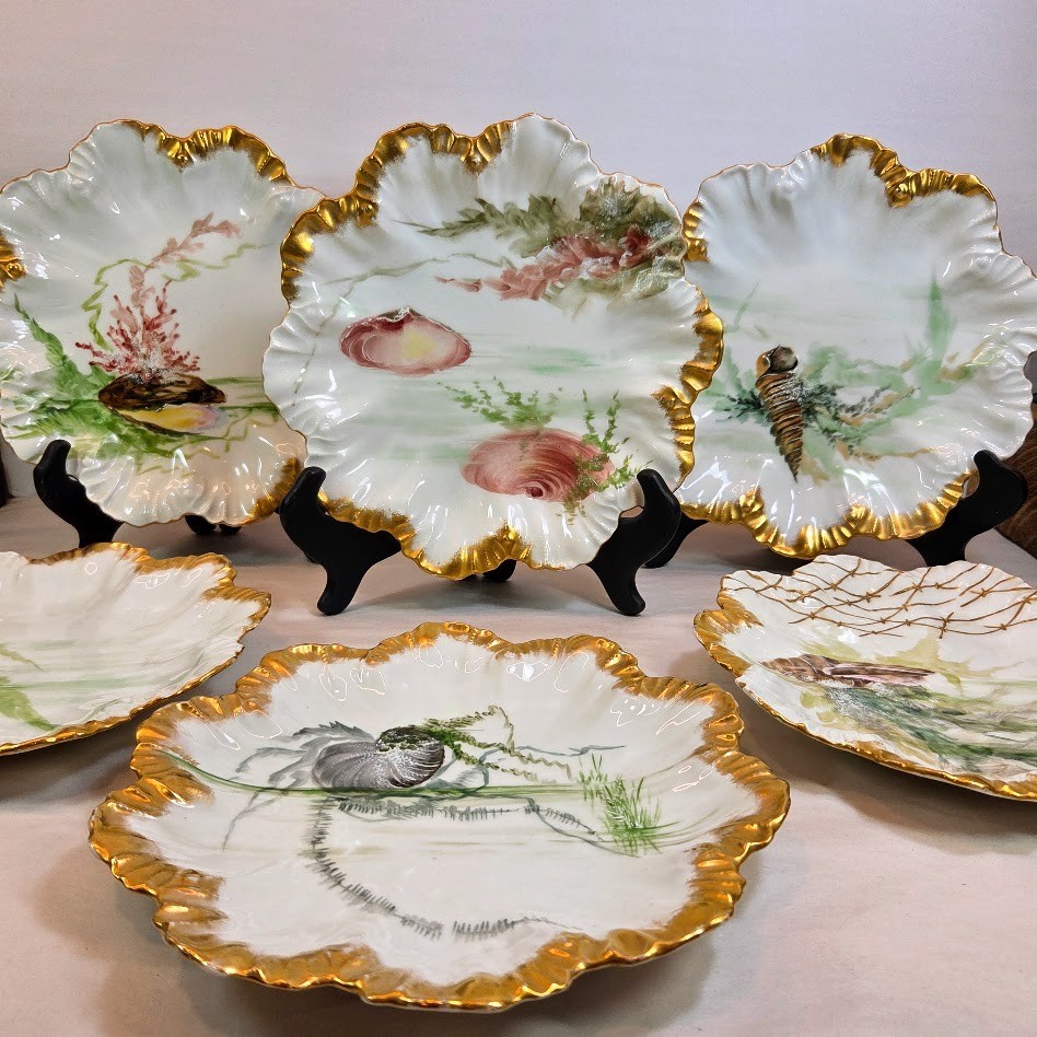 Limoges France A Lanternier Set of 6 Antique Porcelain Seafood Plates Gold Gilt