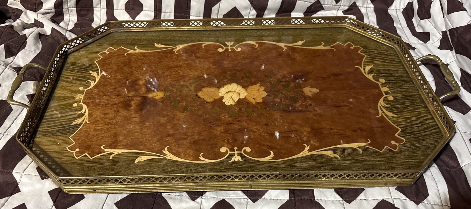 Vintage Italian Wood Marquetry Inlaid Wood Brass Rim & Handles Made in Italy