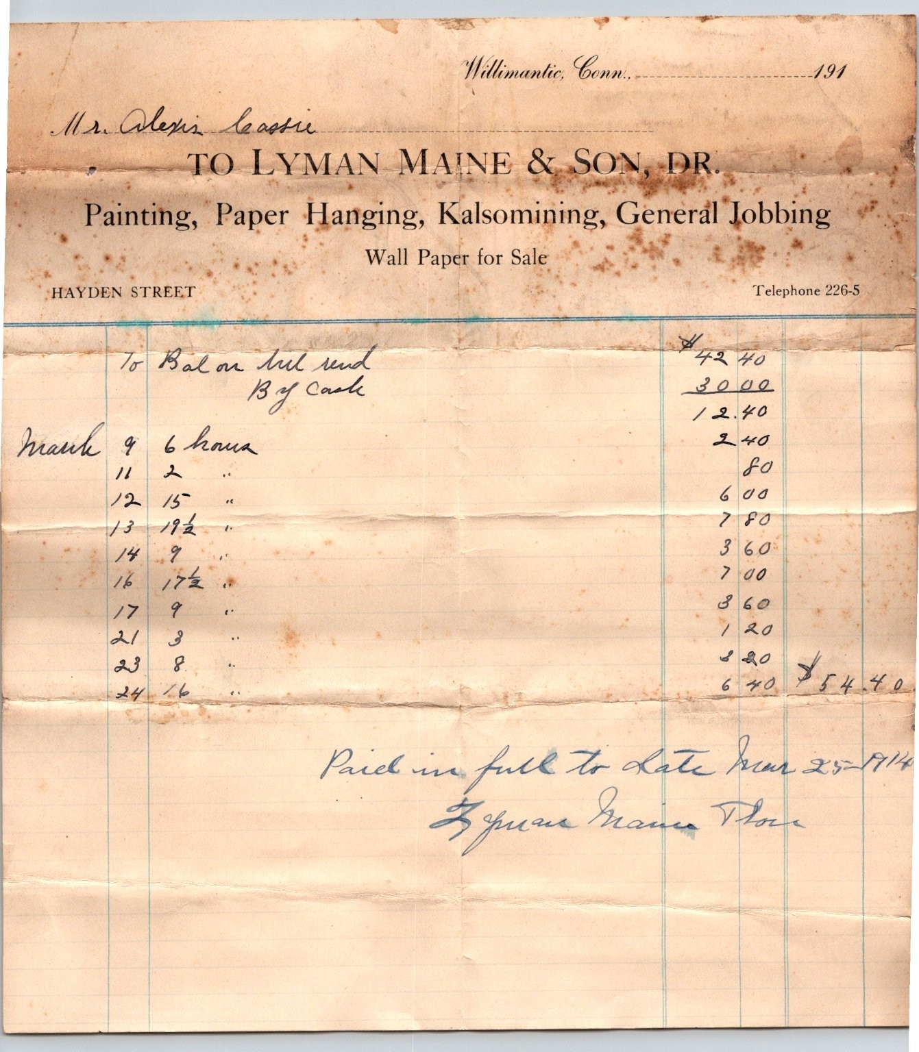1914 Willimantic CT Lyman Maine & Son Painting Paper Hanging Bill Invoice 1914 Willimantic CT Lyman Maine & Son Painting Paper Hanging Bill Invoice