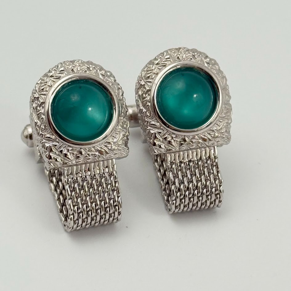 Swank Silver Tone Mesh Wrap Cufflinks Aqua Lucite Cabochon Mid Century Style