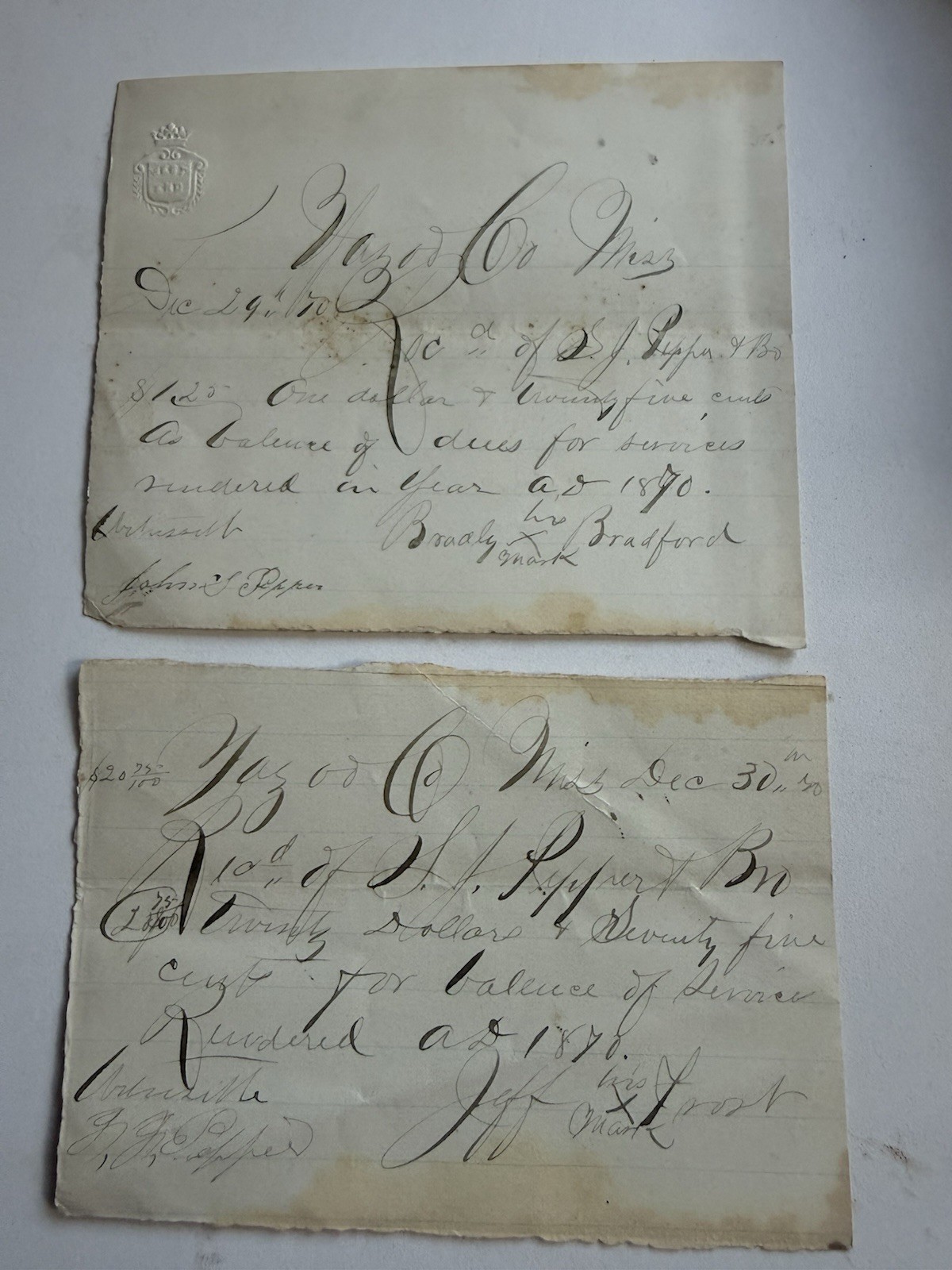 1870 Antique Handwritten Receipts Lot of 2 Victorian Documents Embossed Seal