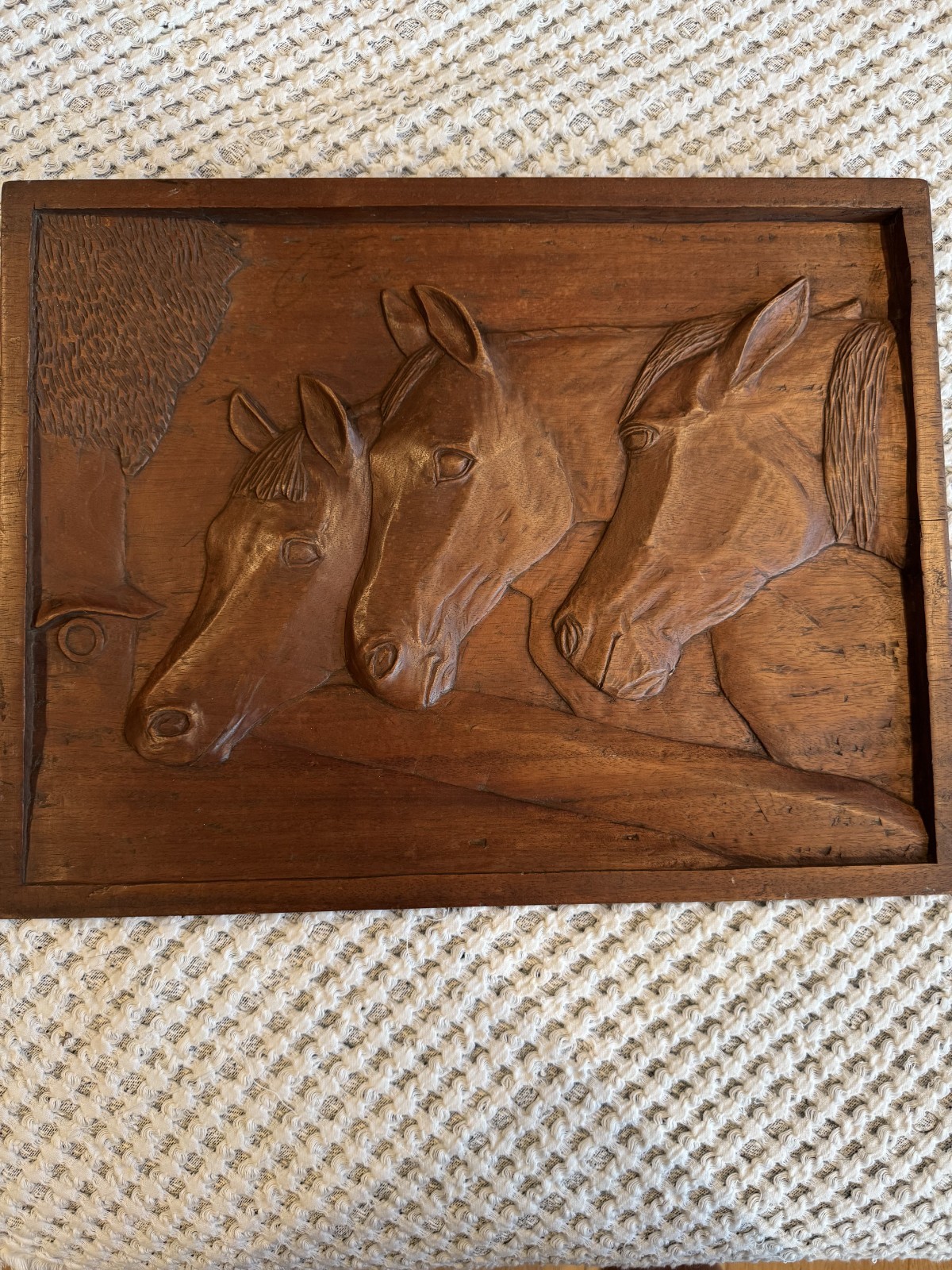 Hand Carved Wood Three Horses Picture- Amazing Craftsmanship 17.5