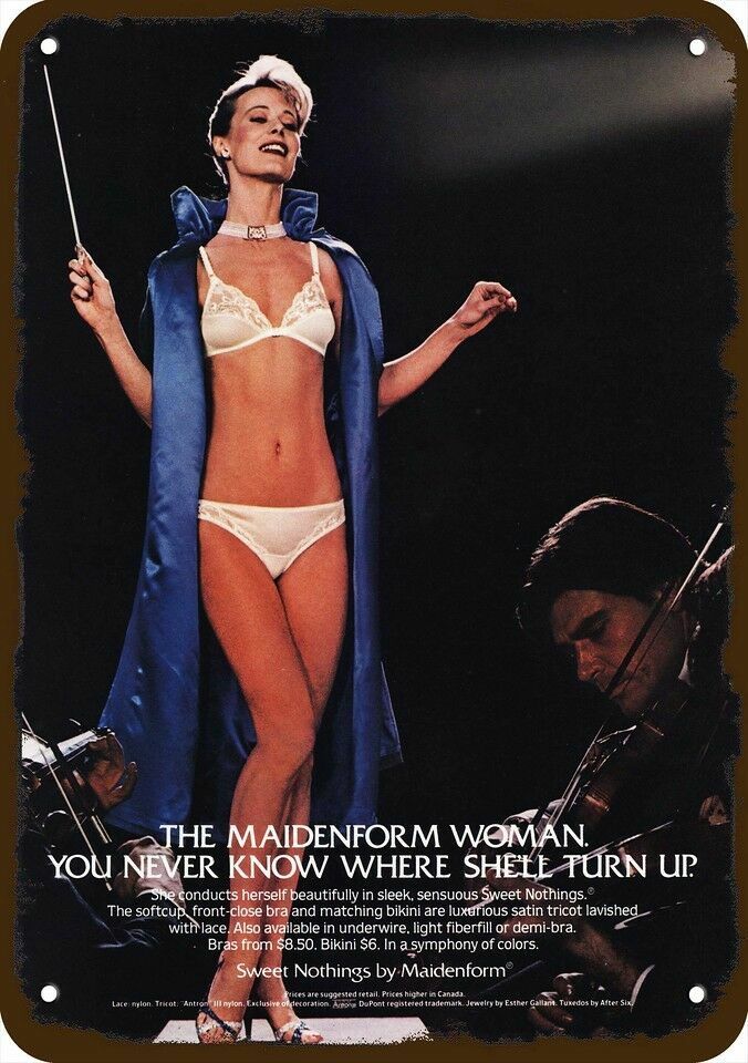 1982 Sexy Woman Conductor MAIDENFORM Bra & Panties DECORATIVE REPLICA METAL SIGN
