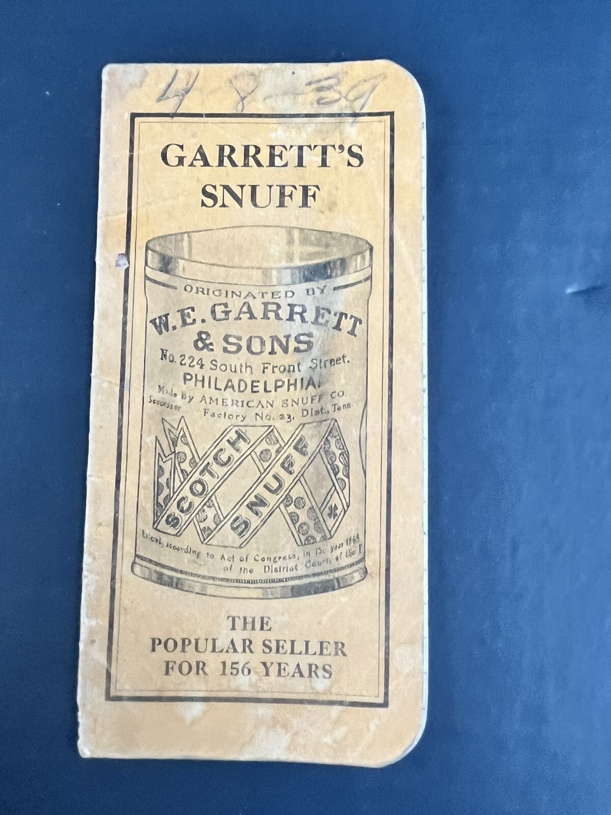 1930s Garretts Snuff Tobacco Advertising Pocket Notebook Vintage/Antique 1939