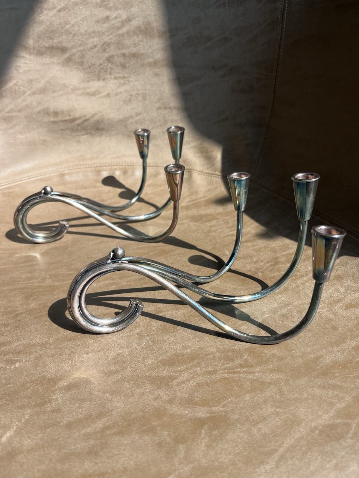 2 Vtg Mid Century Modern C. Christensen Silver Candelabra Wave Design Denmark