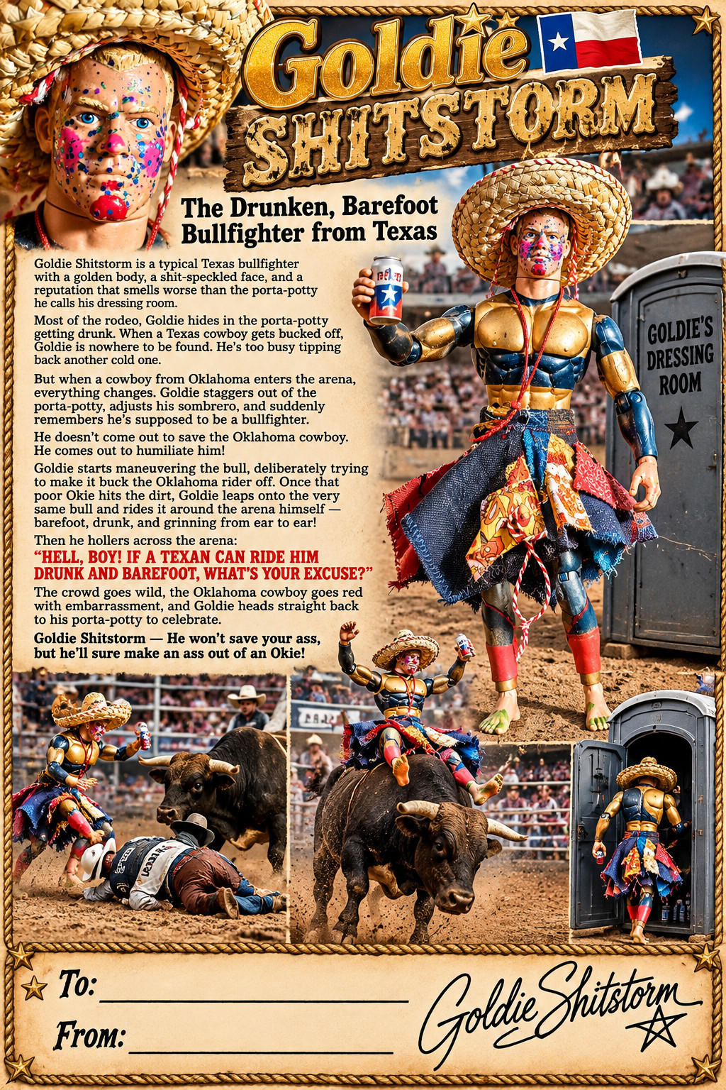 Goldie Shitstorm The Drunken Barefoot Bullfighter from Texas OOAK ACTION FIGHTER