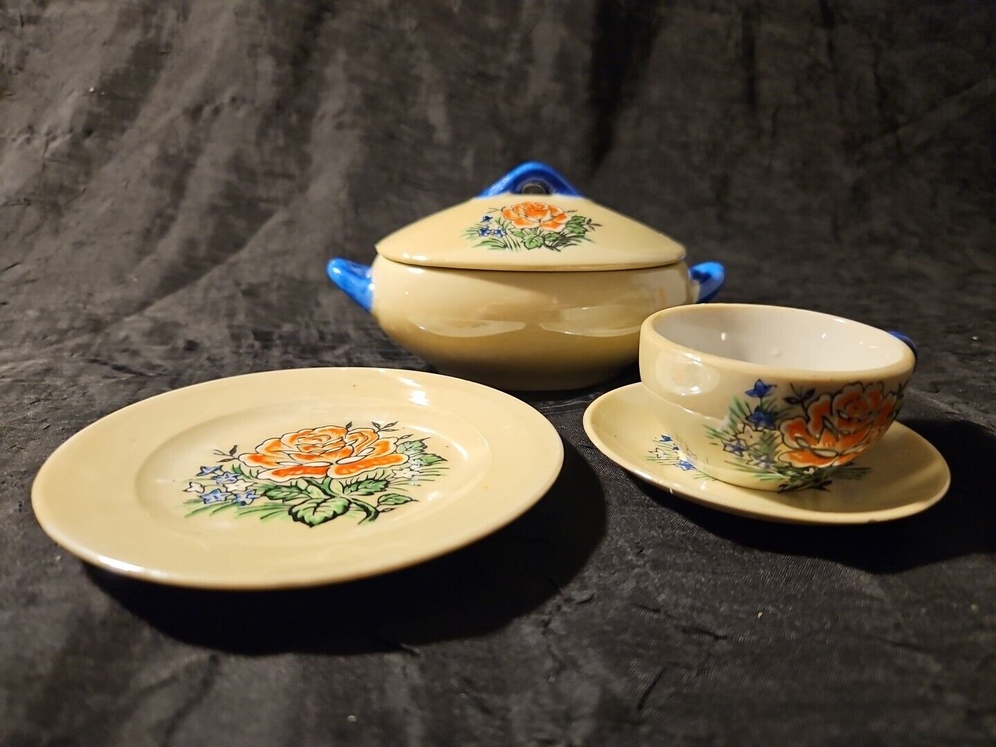 Miniature Antique Hand-painted Folk Art Lidded Pot, Plate & Cup, Saucer Japan