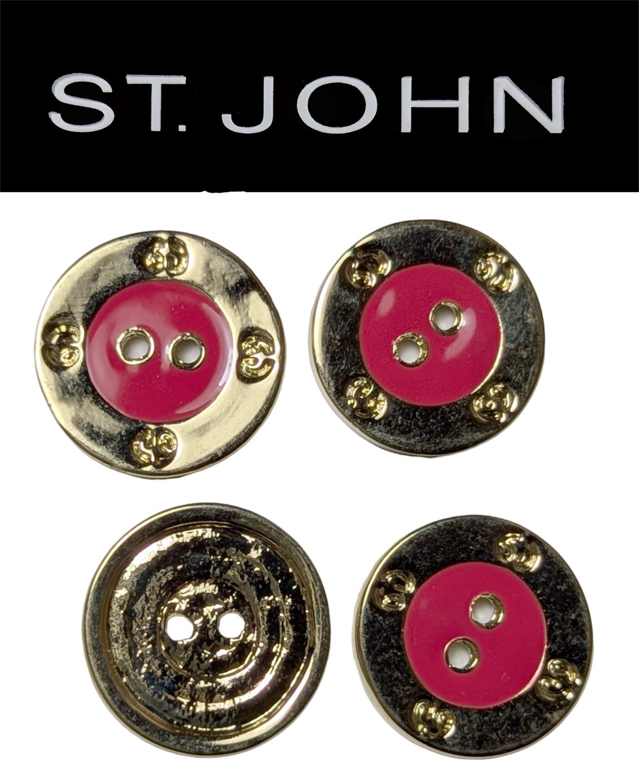 St John Knits (0.5 Inch) Gold Tone Fuchsia Enamel Flat Logo Round Buttons (4)