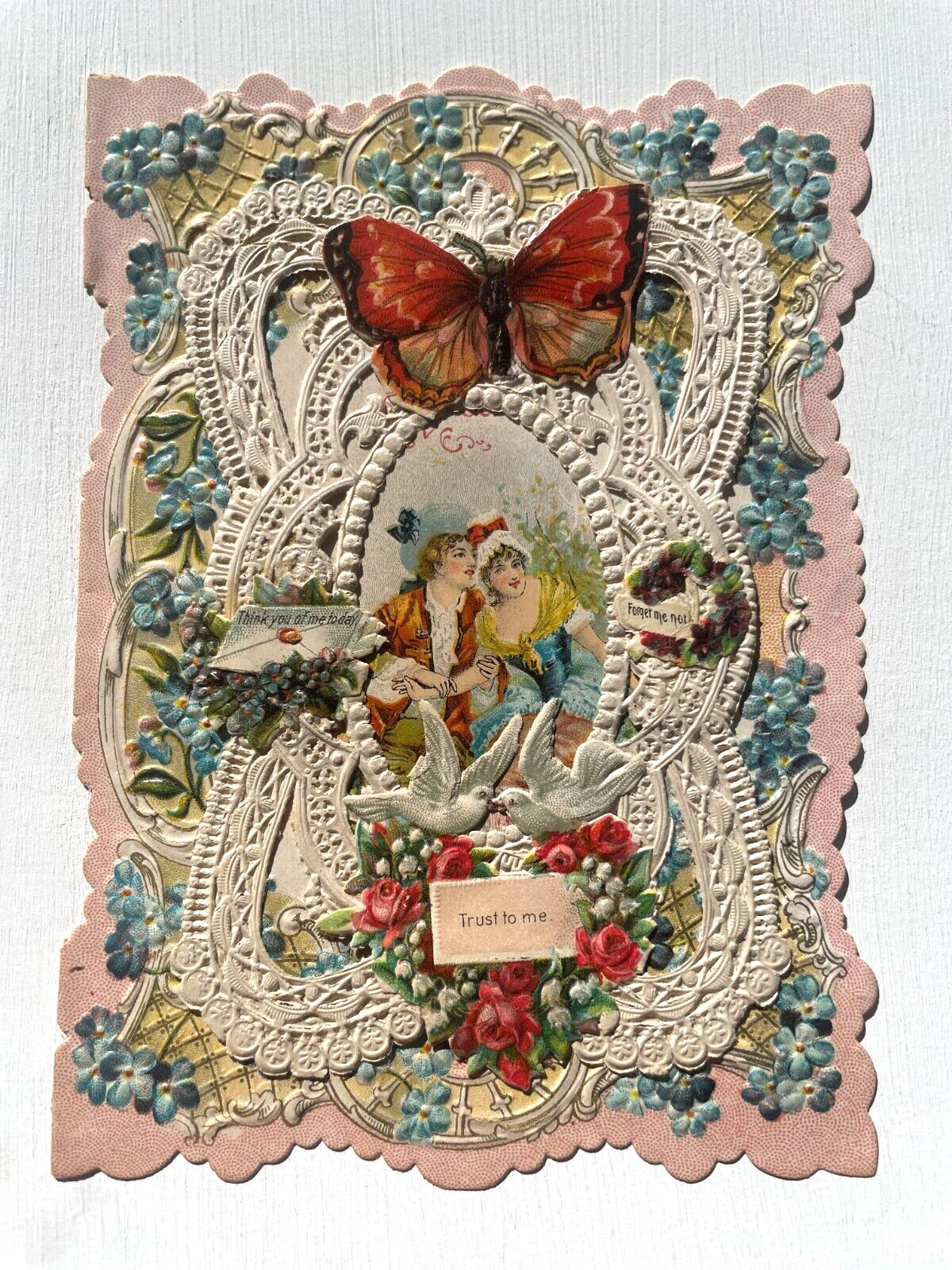 Gorgeous 1910\'s Layered Paper Lace Valentine\'s Day Card w/ Butterfly Scraps Gorgeous 1910\'s Layered Paper Lace Valentine\'s Day Card w/ Butterfly Scraps