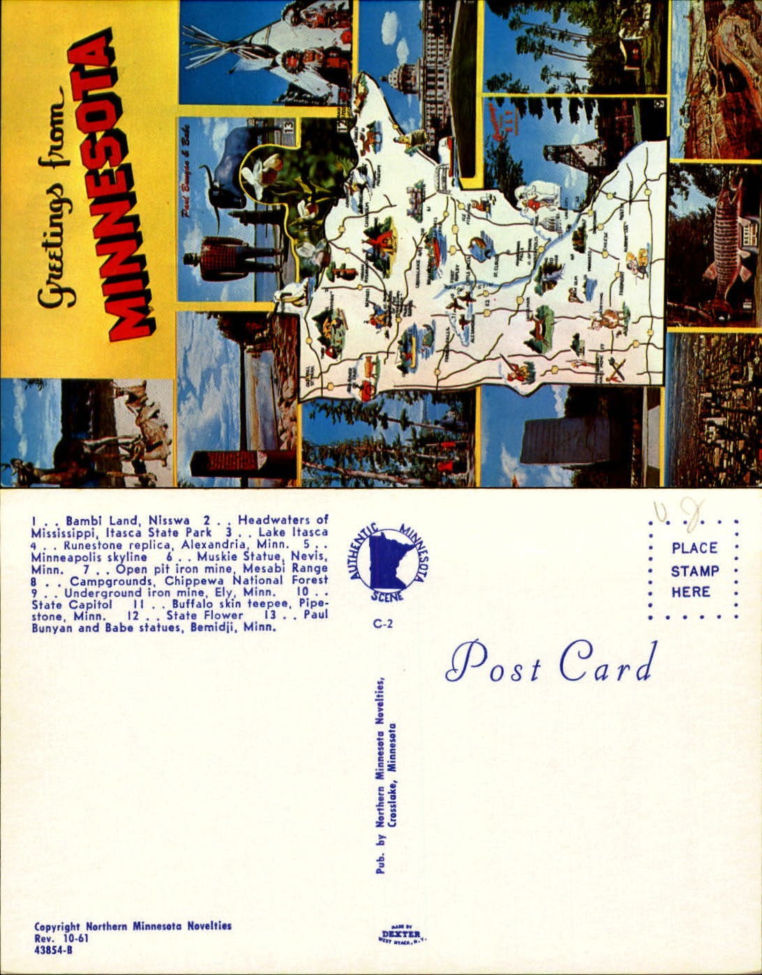 Greetings from Minnesota map postcard multi-view 13 views unused