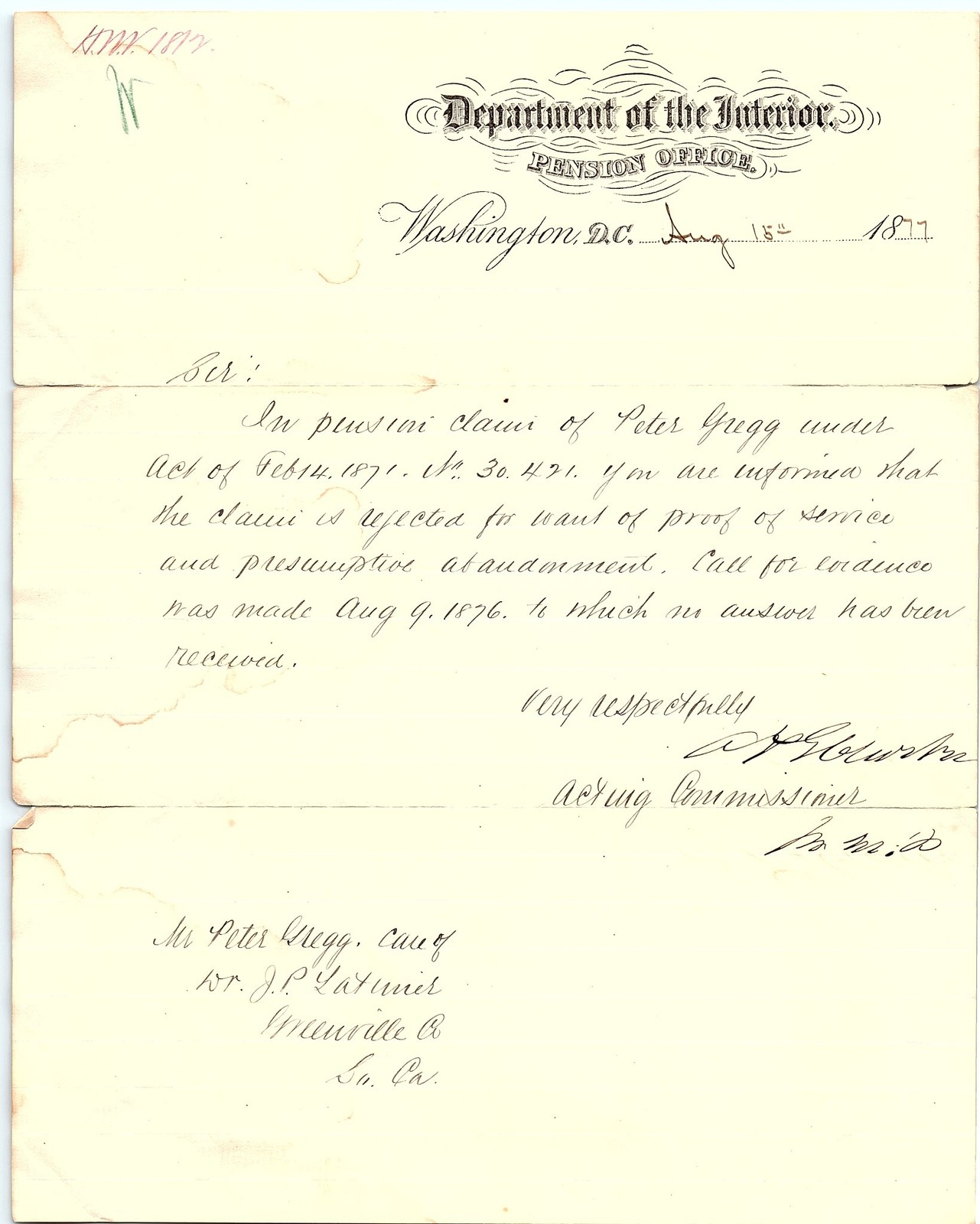1877 US Dept Interior Pension Office Letter - Peter Gregg