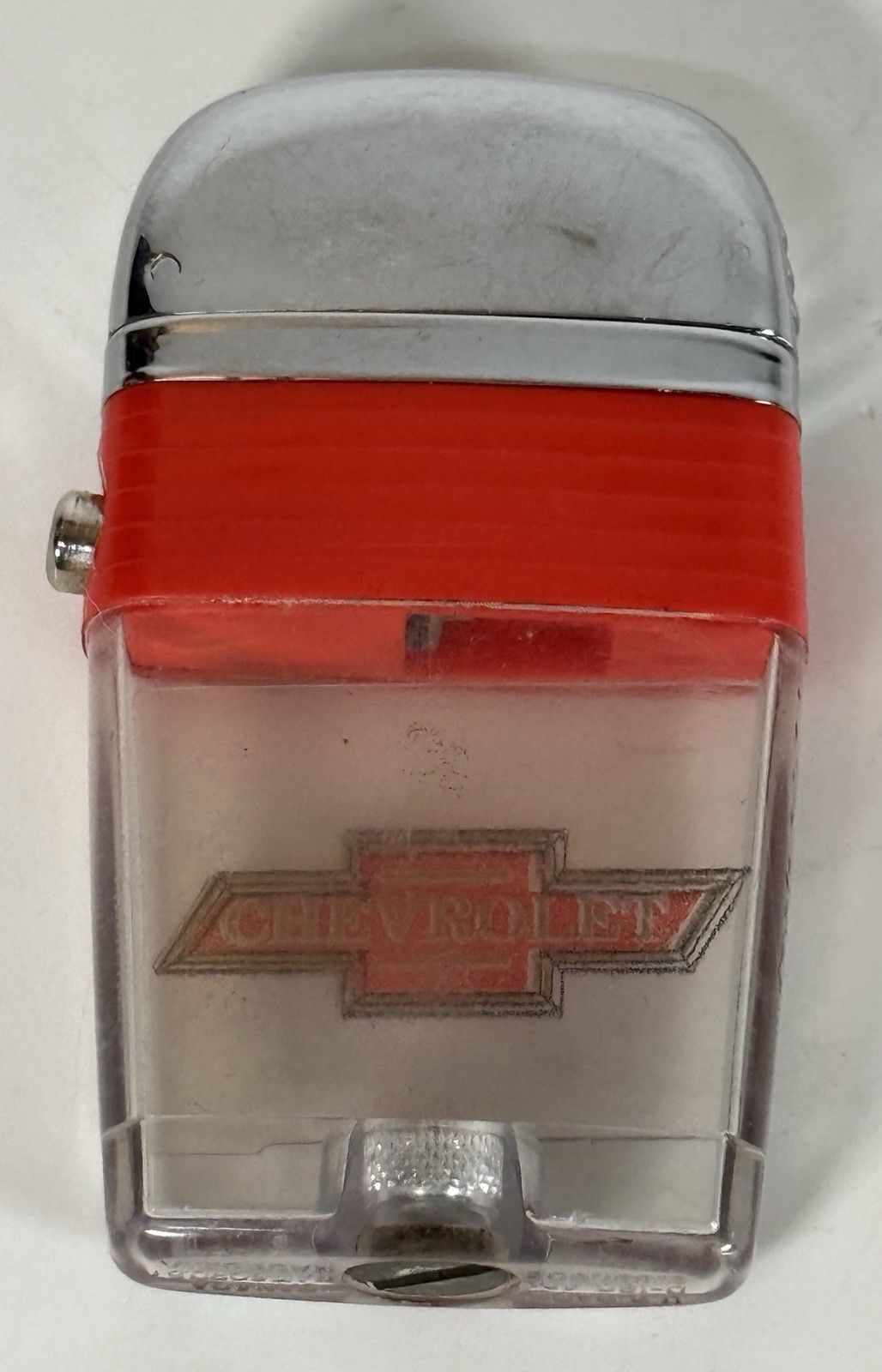 Vtg 1960s Scripto Vu Lighter Chevy Chevrolet Bowtie Logo Clear Tank Sparks