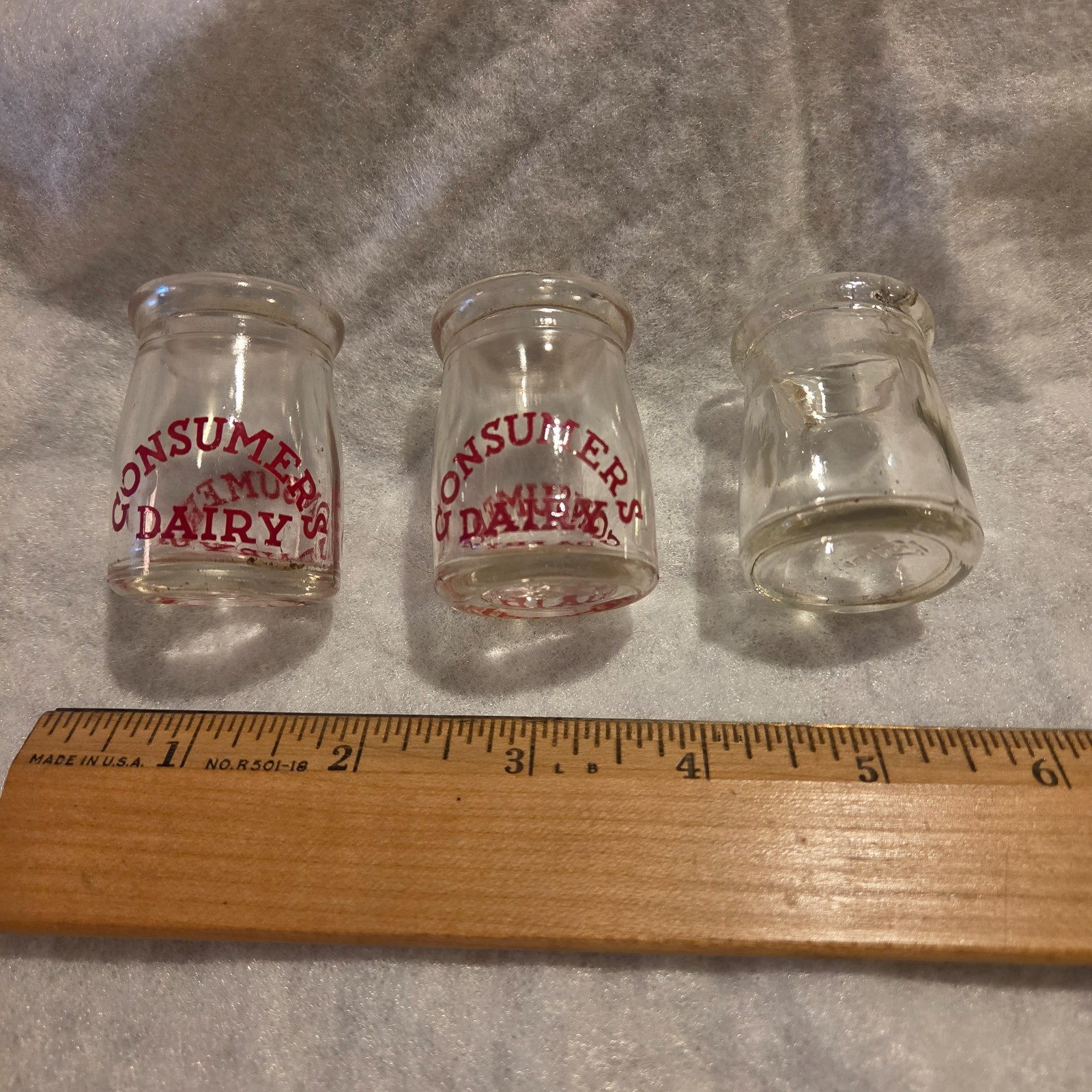 ​Vintage Consumers Dairy Mini Milk Bottle Creamer Lot (3) ACL Red Lettering Glas