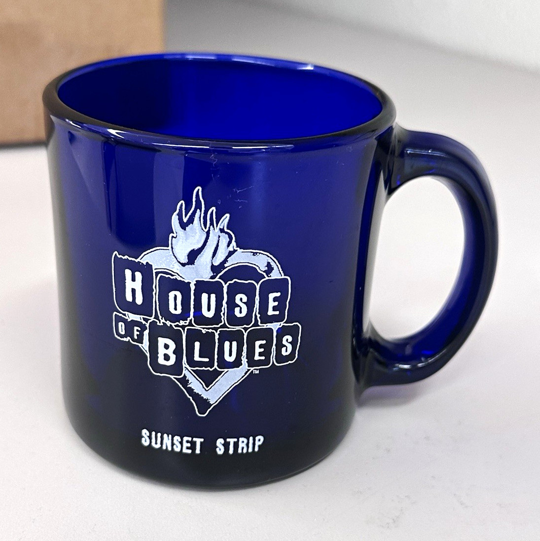 RARE VTG House of Blues Sunset Strip Blue Glass Logo Coffee Mug Cup EUC