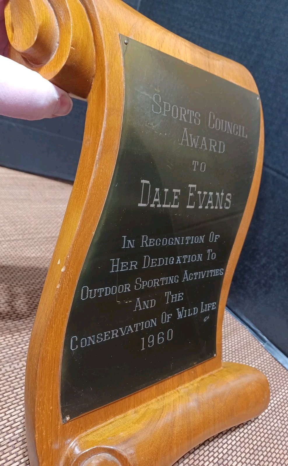 1960 Sports Council Award To Dale Evans Outdoor Wildlife Wood Scroll Plaque