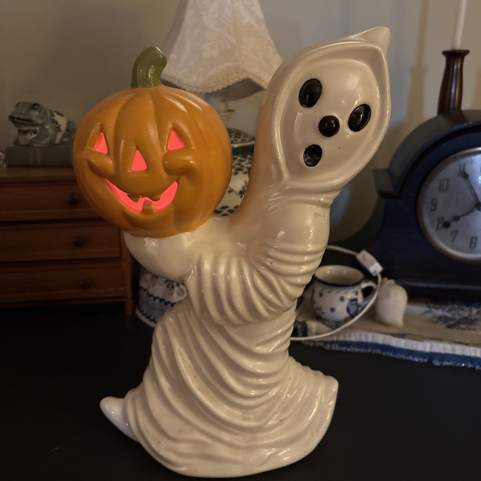 Vintage Ceramic White Ghost Holding Pumpkin 12