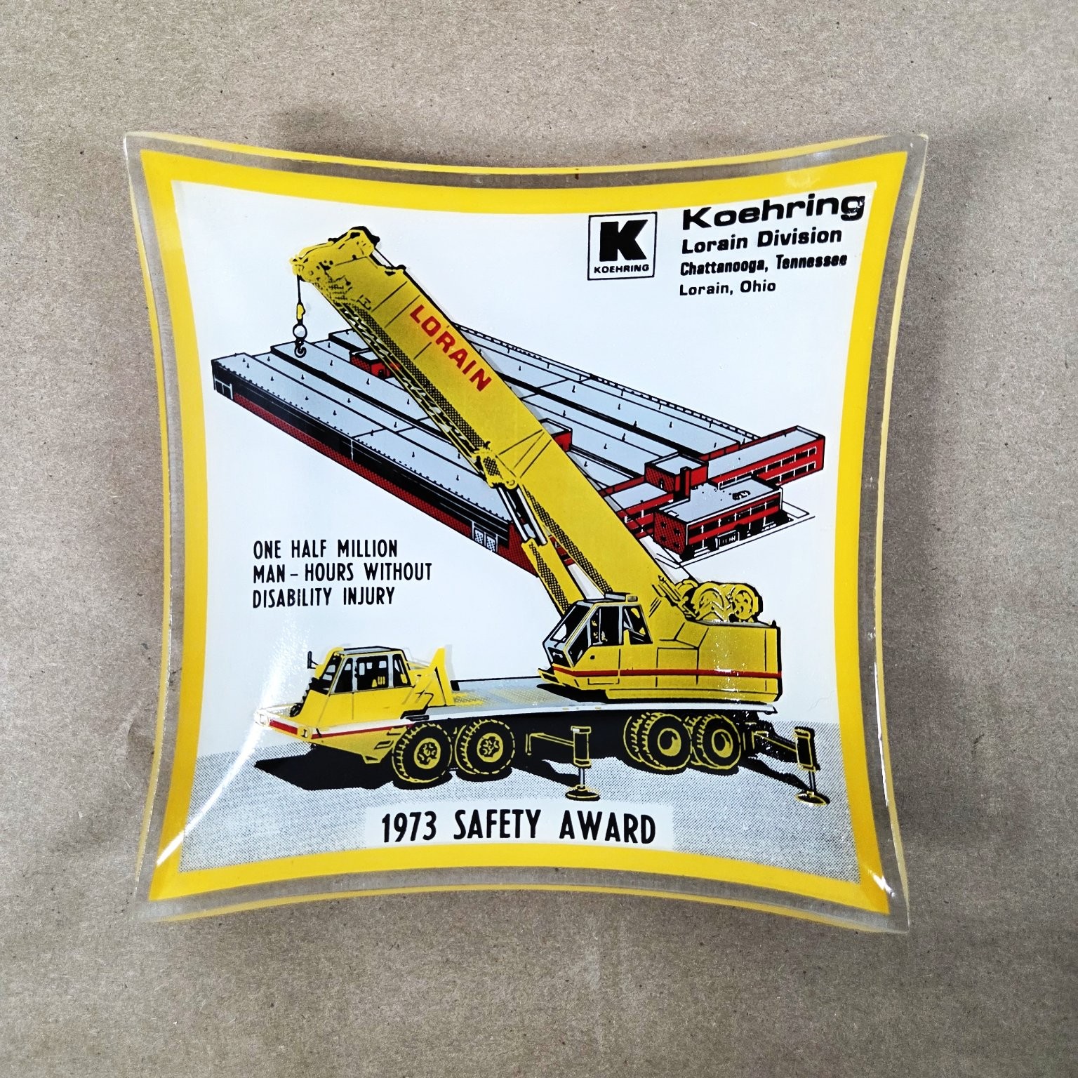 Vintage 1973 Koehring Lorain Division Safety Award Ashtray Crane Heavy Equipment