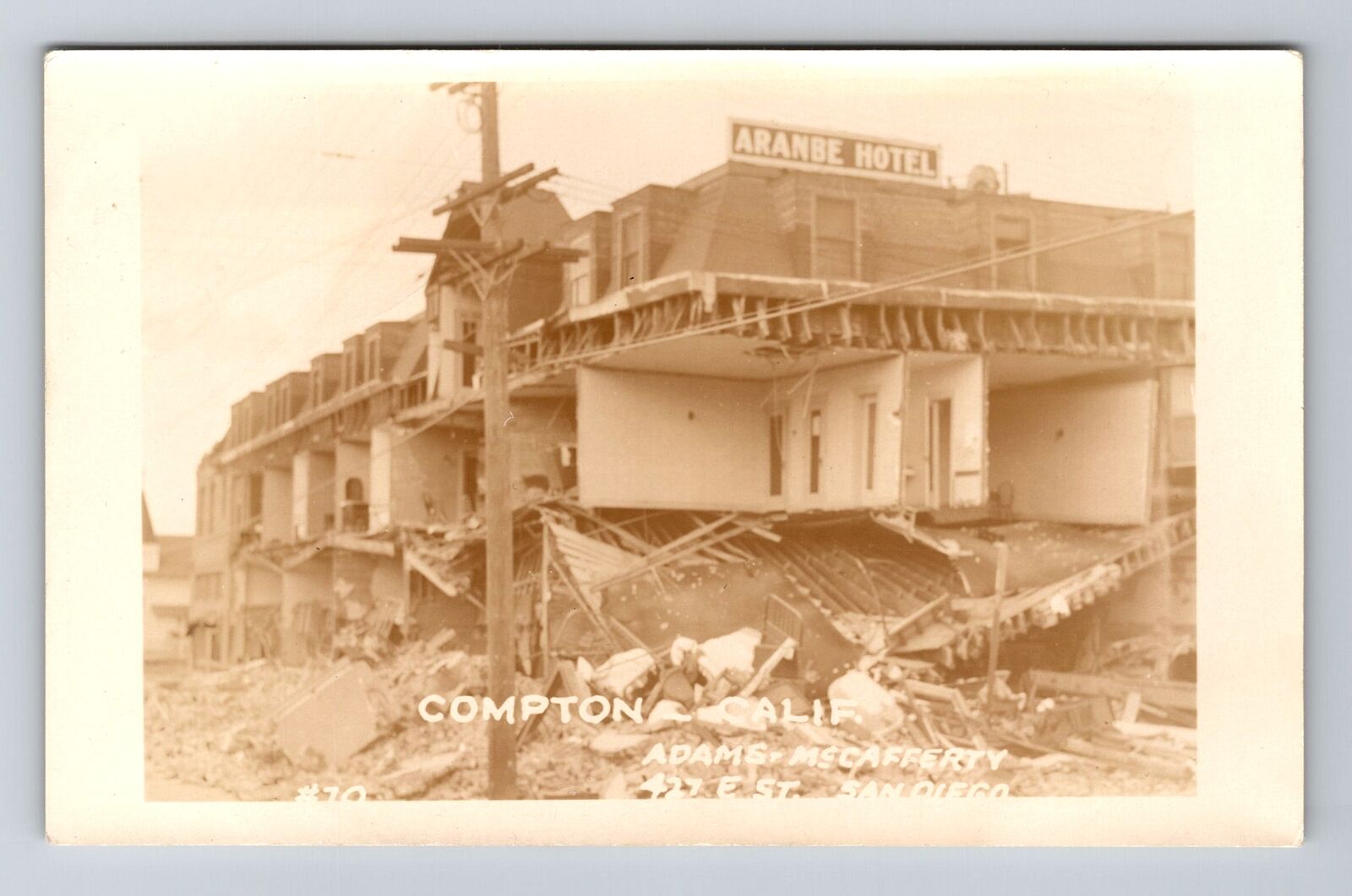 Compton CA-California RPPC Aranbe Hotel 1933 Earthquake Damage Vintage Postcard