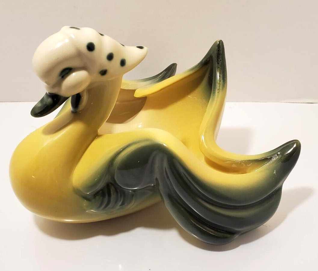Vintage Hull Green Yellow Mother Farmhouse Duck / Swan Whimsical Indoor Planter
