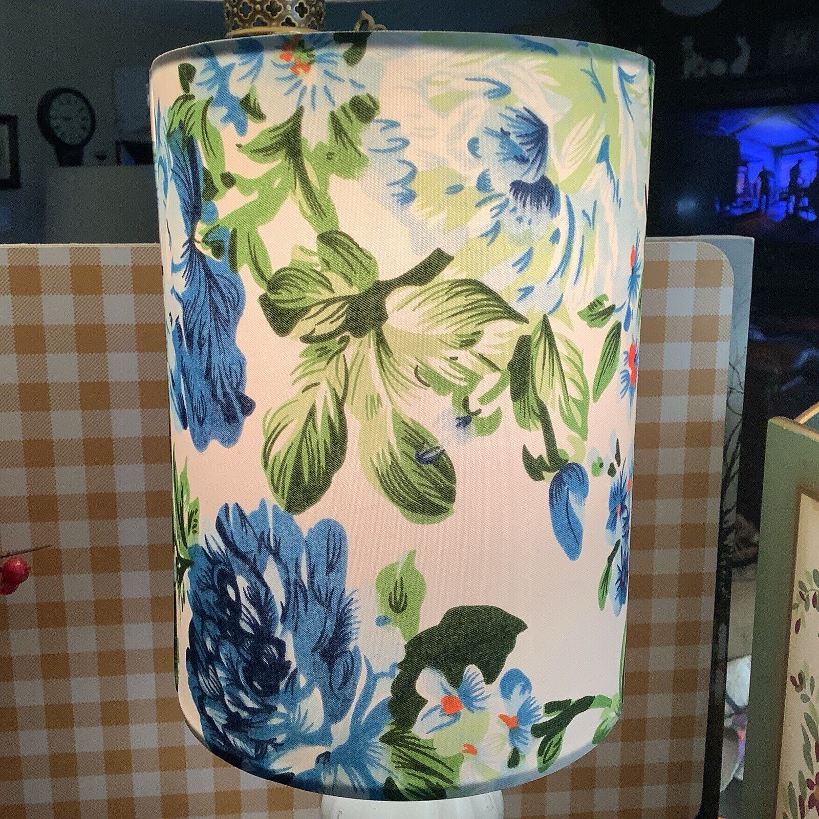 Lamp Shade~6.5”H~Screw On Type~Large Blue Floral Design~w/Greenery~Orange Floral