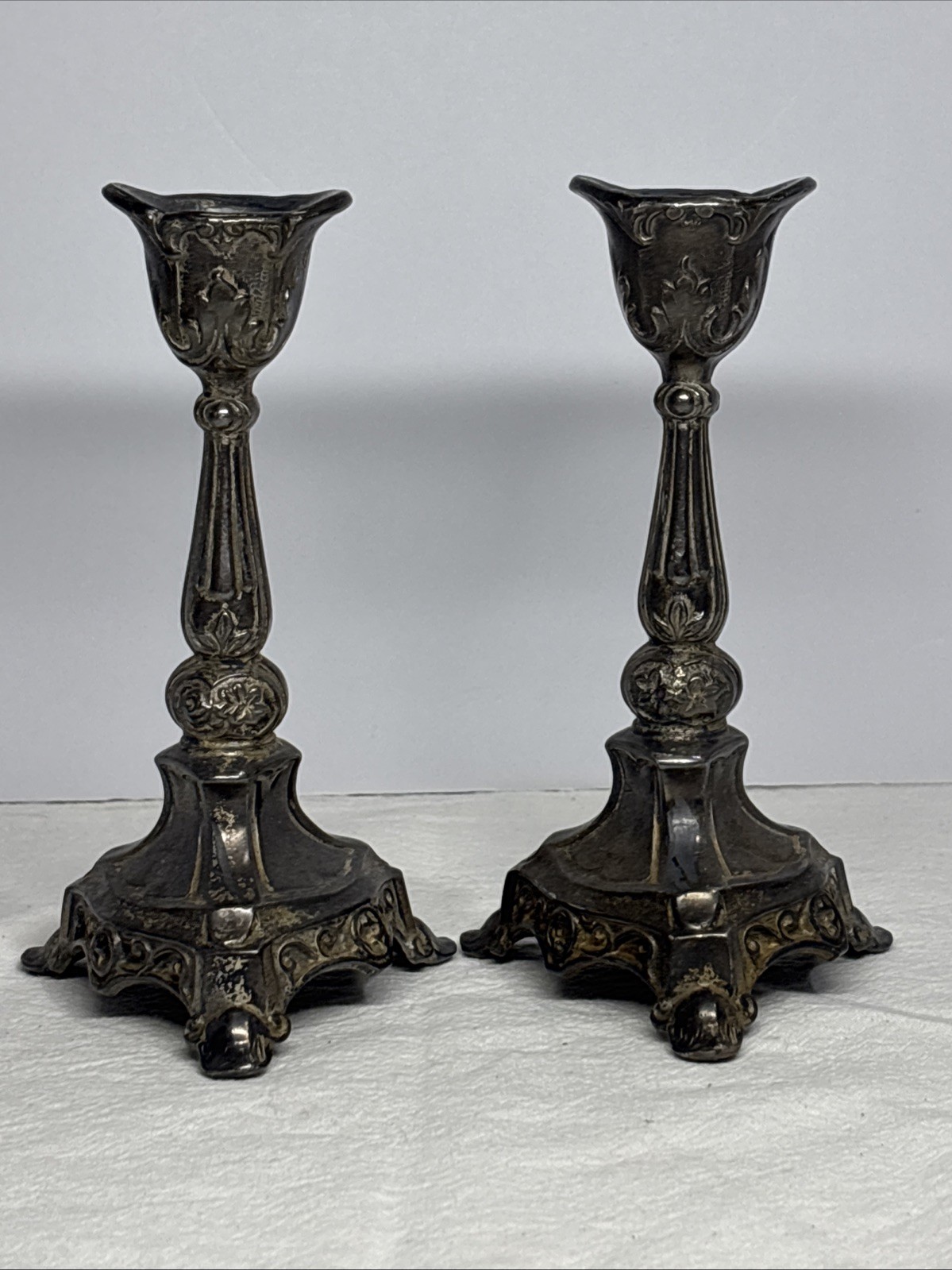 Vintage , ornate silver-plated cast metal candlestick holders-floral Design