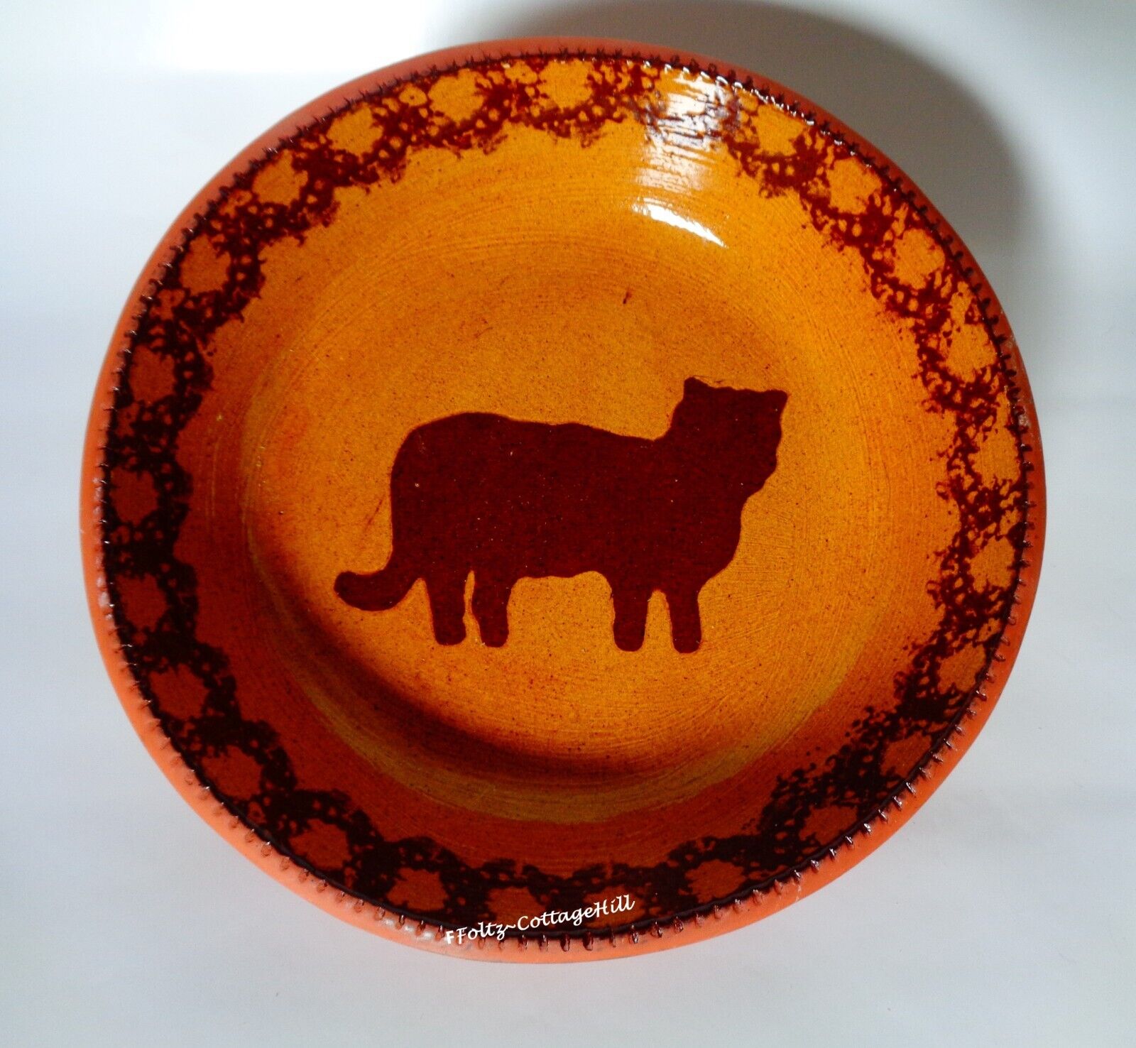 Ned Foltz Redware Pottery Cat Bowl 1984 EUC 9 1/4\
