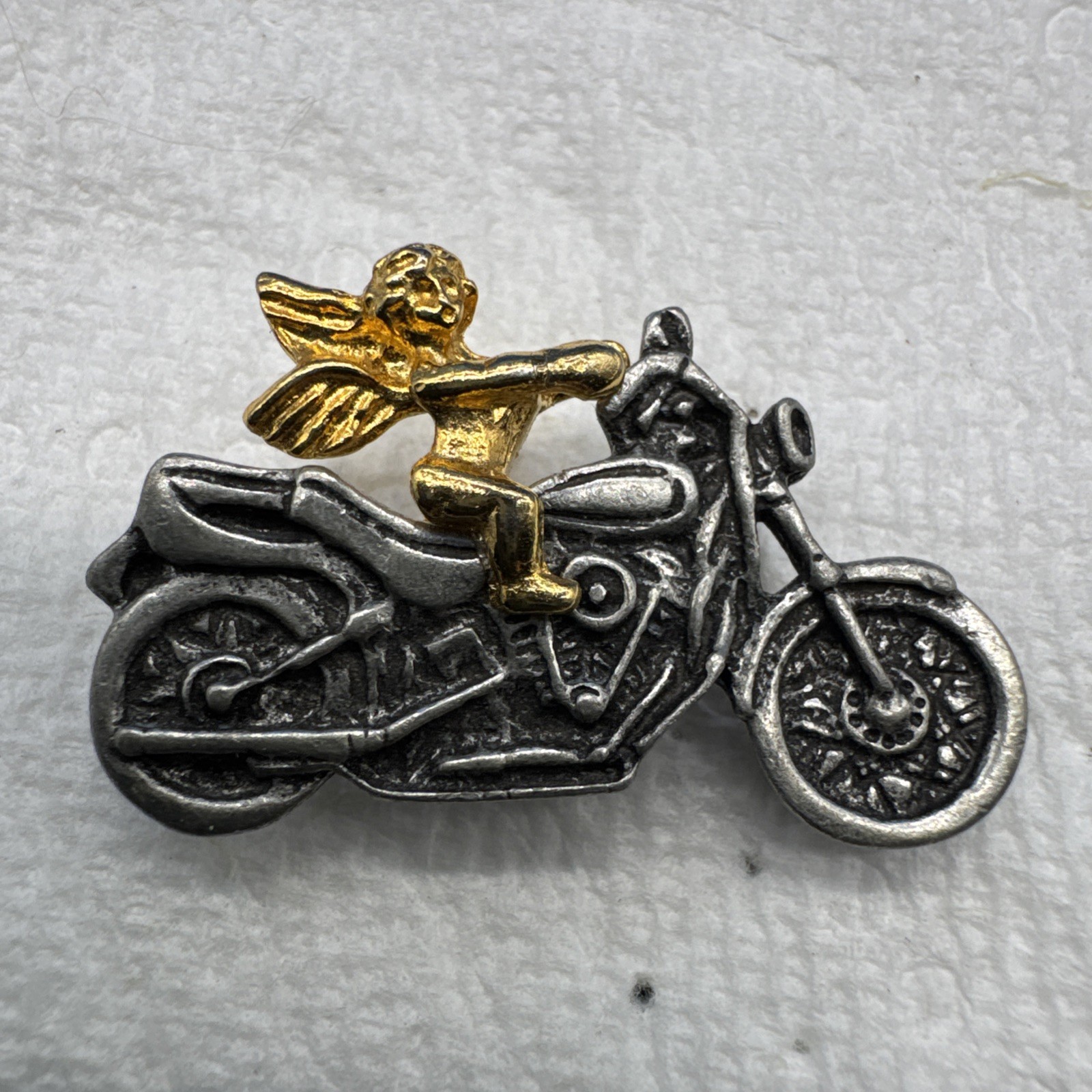 Vintage Motorcycle Guardian Angel Lapel Pin Two Tone Pewter Gold Biker Vest