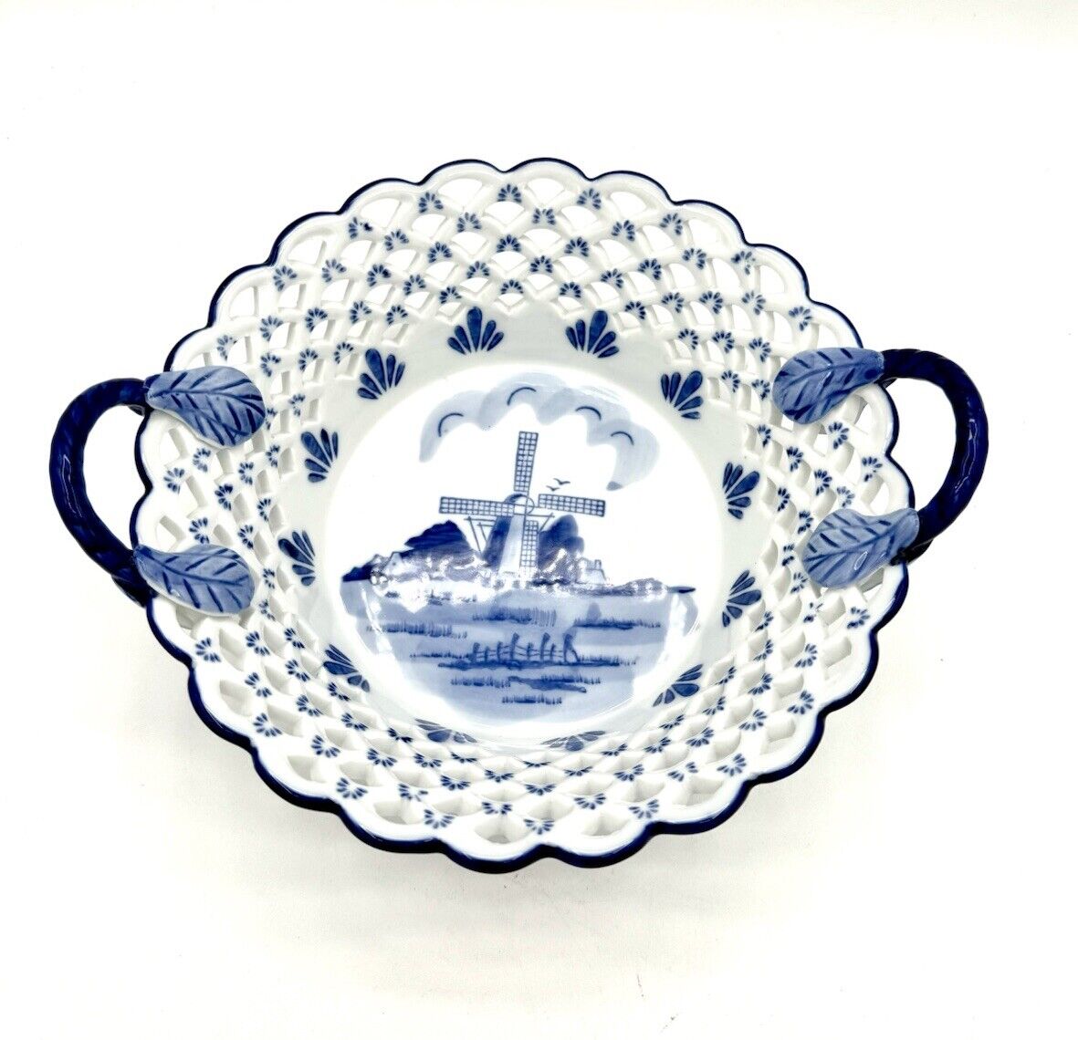 Delft Blue Holland Blue & White Reticulated Bowl Berry Dish Hand Painted Vintage