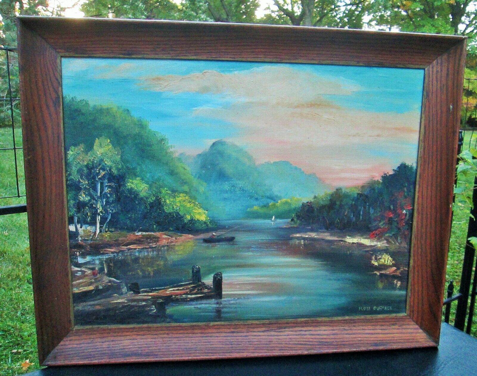 VTG Framed artist Eloise Bureke Painting Brown County Indiana Lake Fishing 27\