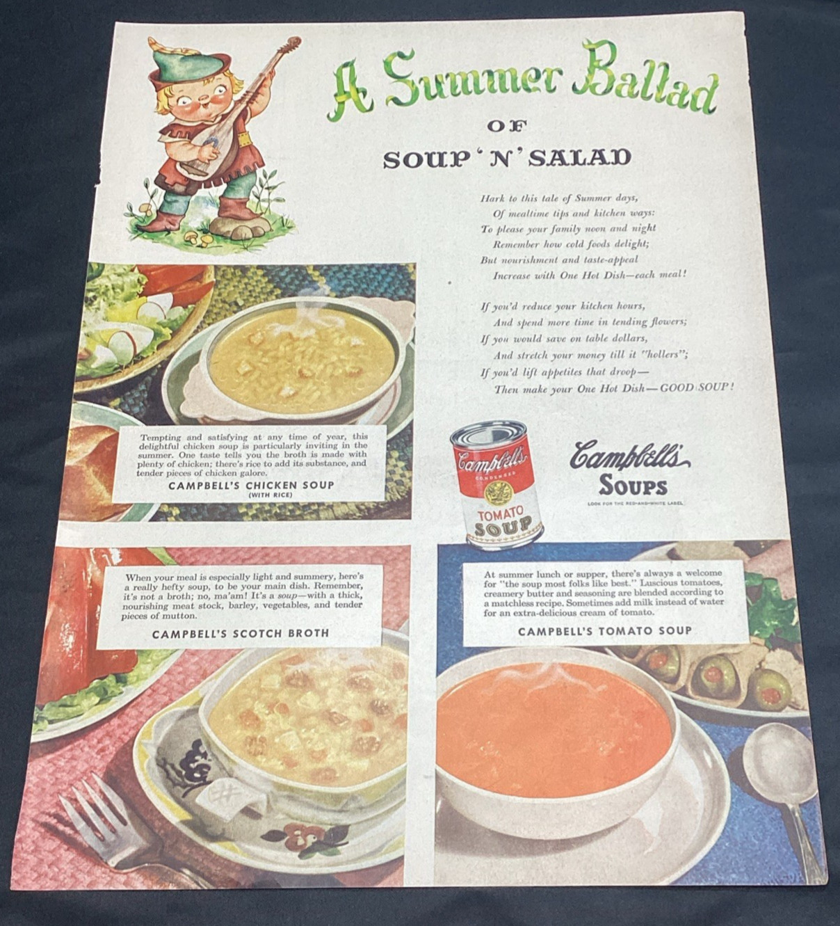 Vtg Campbell\'s Soup Ad, A Summer Ballad, 1948 perfect to frame, 