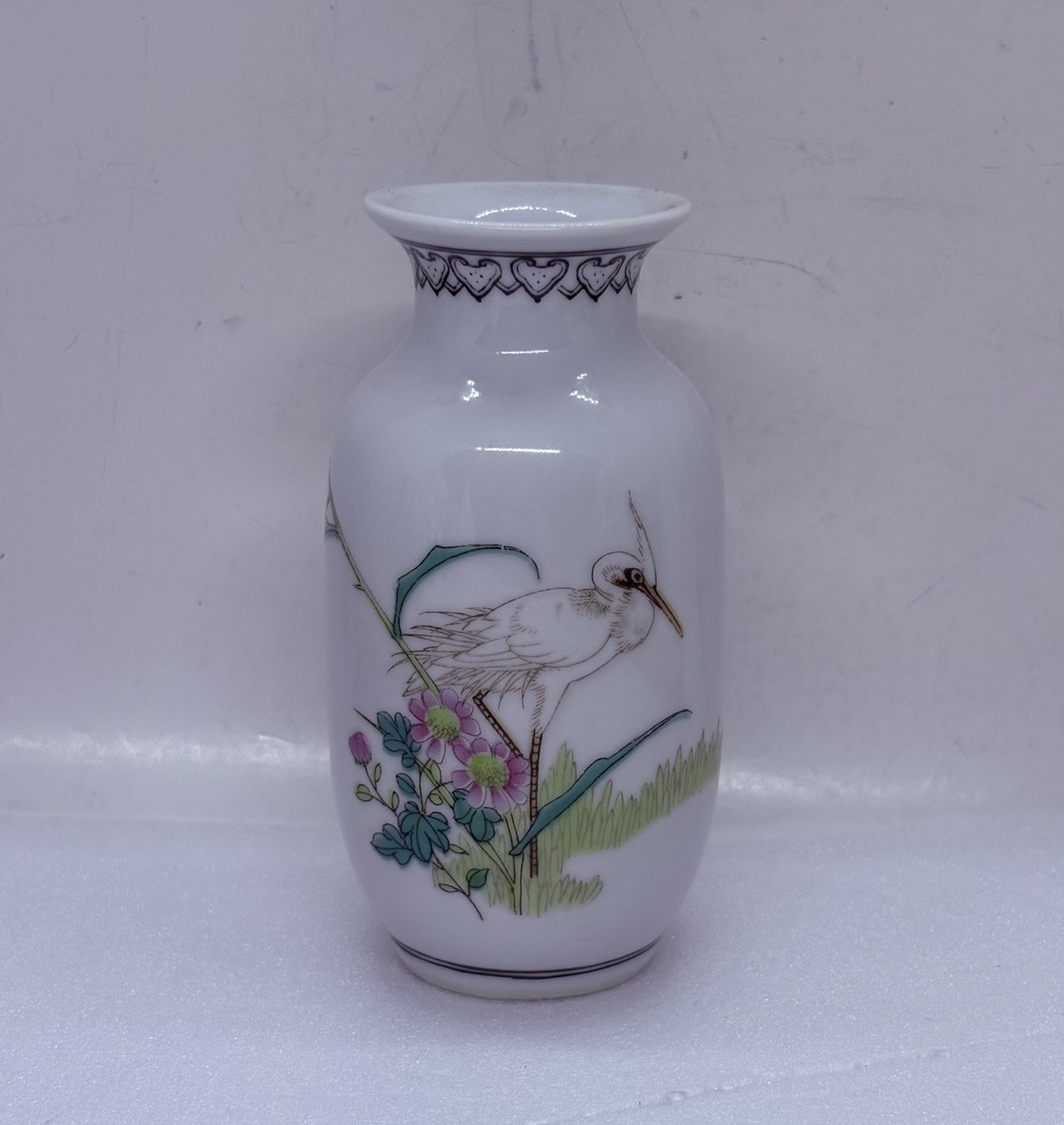 Vintage Chinese Porcelain Rose Bud Vase Crane & Bamboo Floral Bird Poem 4” Art 0