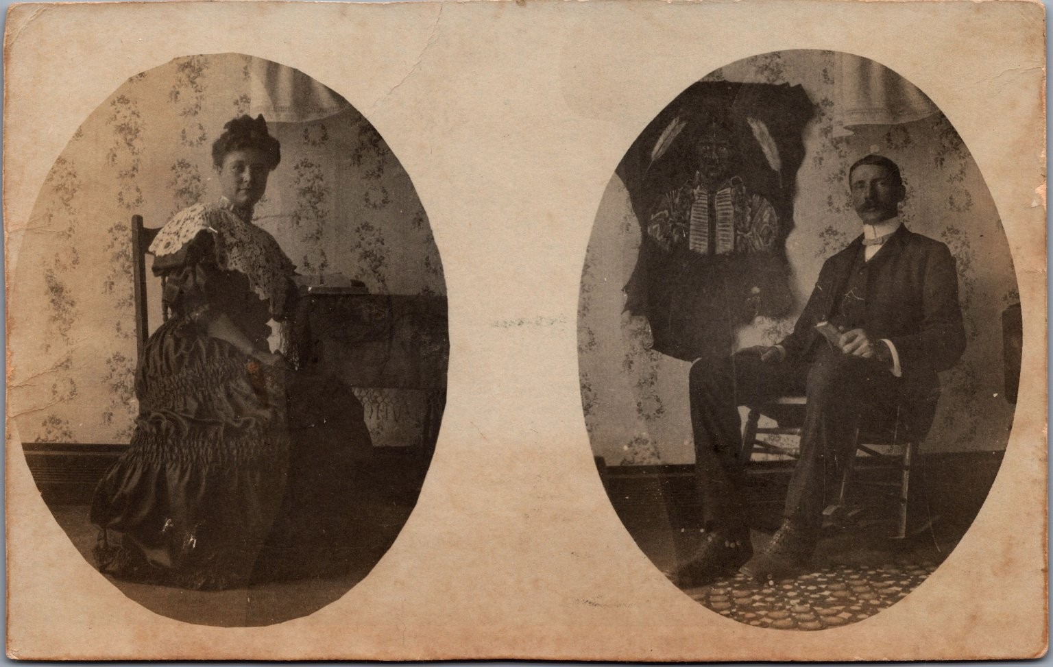1905 RPPC Studio Portraits Couple Man Native American Headdress Phoenix AZ