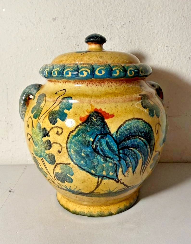 Williams-Sonoma Italy Hand Painted Rooster Ceramic Cookie Jar Canister with Lid