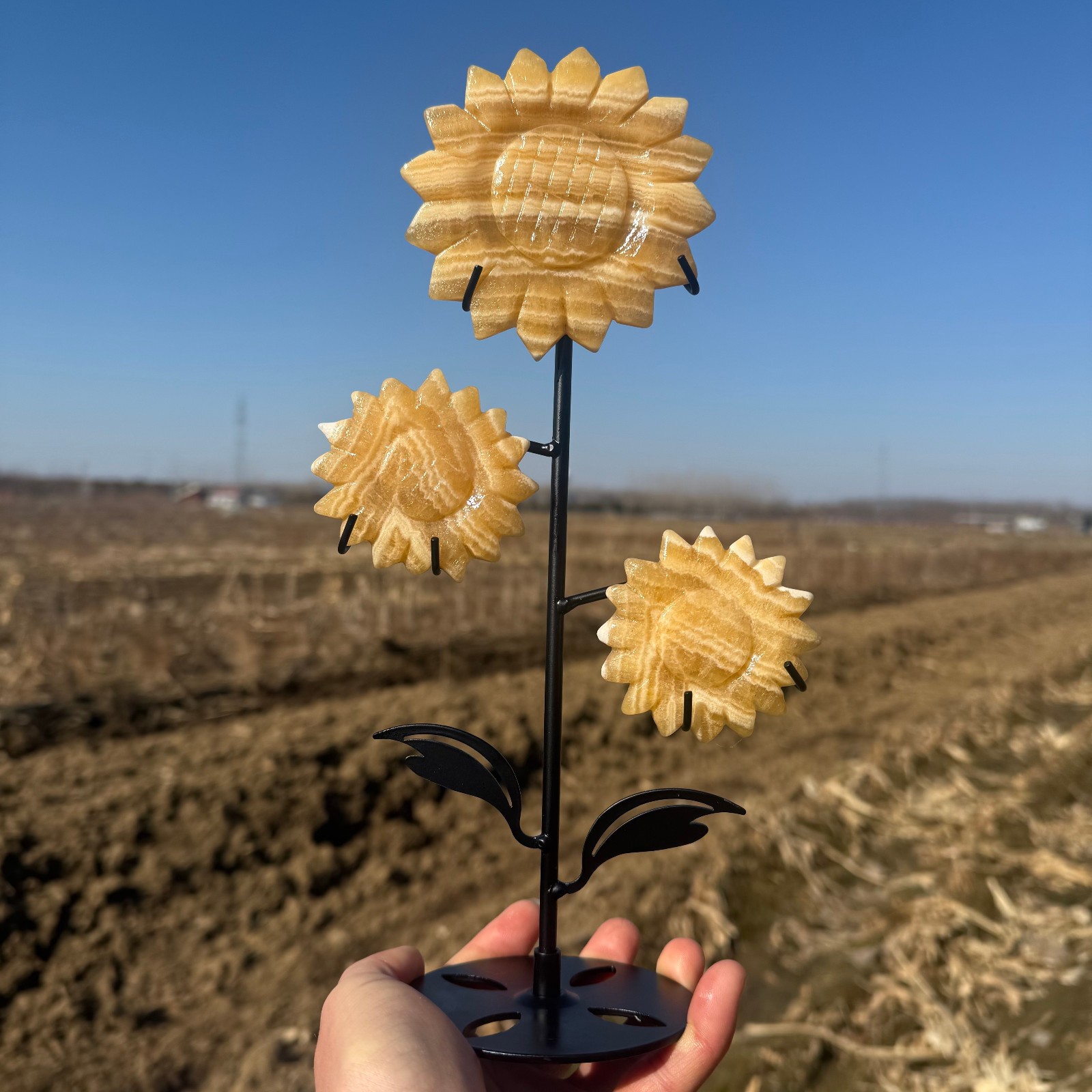 400g Natural geode stone quartz crystal carved Sunflower Decor Gift
