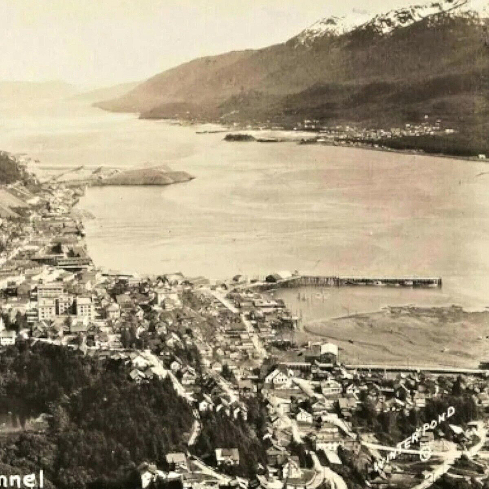 Juneau Alaska Birds Eye View RPPC Gastineau Channel Postcard Antique City View