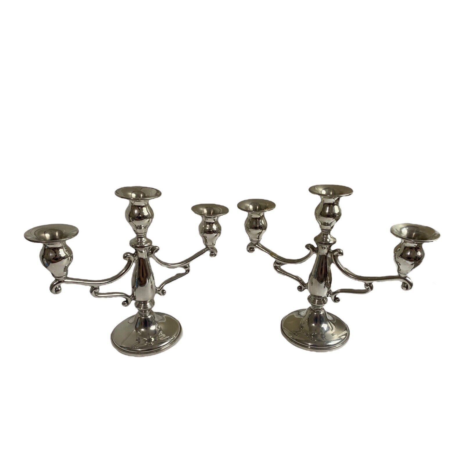 Pair Of Empire Silver USA Pewter Candelabras 3 Arm Candlesticks 9.75” Set Props