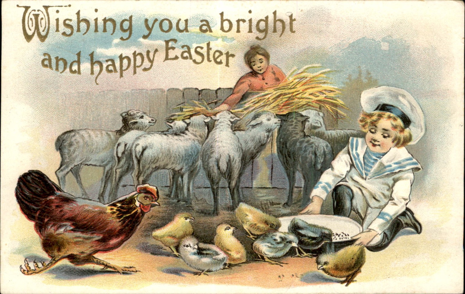 Easter Children with Lambs and Chickens Animals c1910s-20s Vintage Postcard