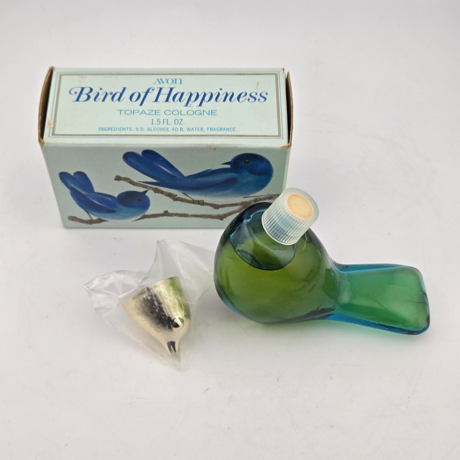 Avon Bird of Happiness Topaze Cologne 1.5 oz Vintage Blue Glass Bottle Box NOS