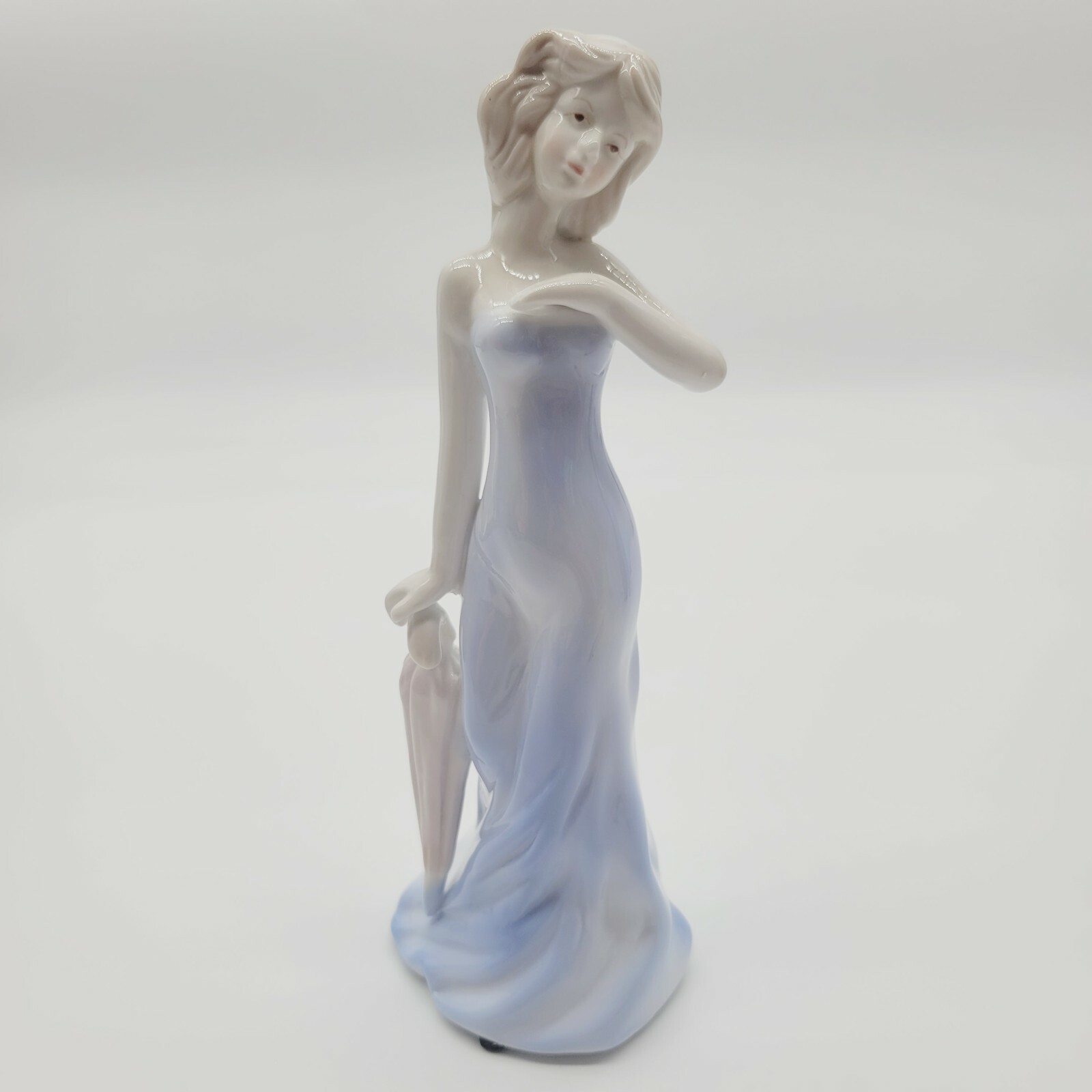 Vintage Ceramic Porcelain Figurine Of Lady In Blue Dress Holding Umbrella 8