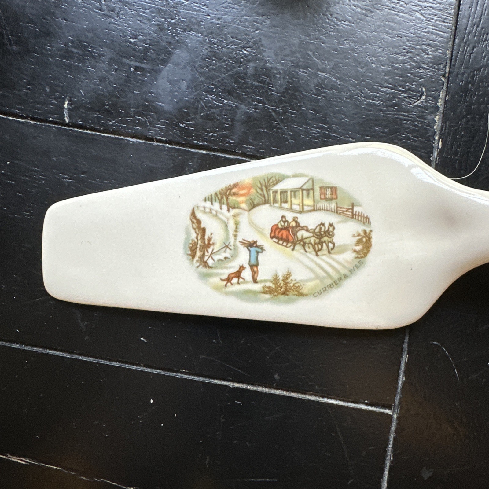 Vintage Currier and Ives Winter Scene Porcelain Pastry Pie Cake Server