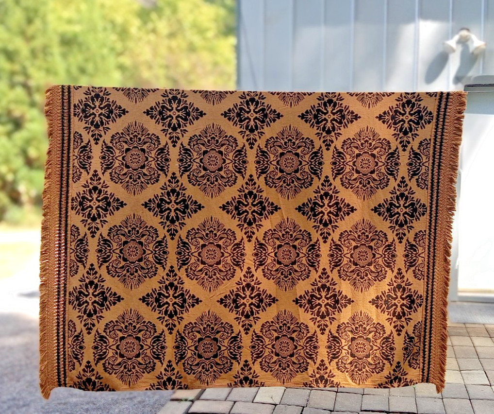 60s 70s Sears Bedspread Woven Damask Mustard Gold Black Fringe 85x108 Retro