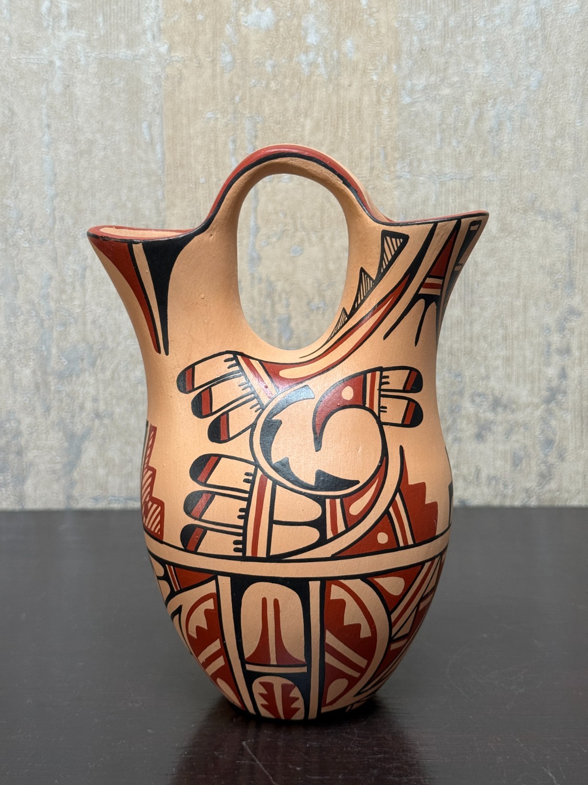 Vtg. Jemez Pueblo Wedding Vase Signed R. Sabaque Native American Pottery 7.75