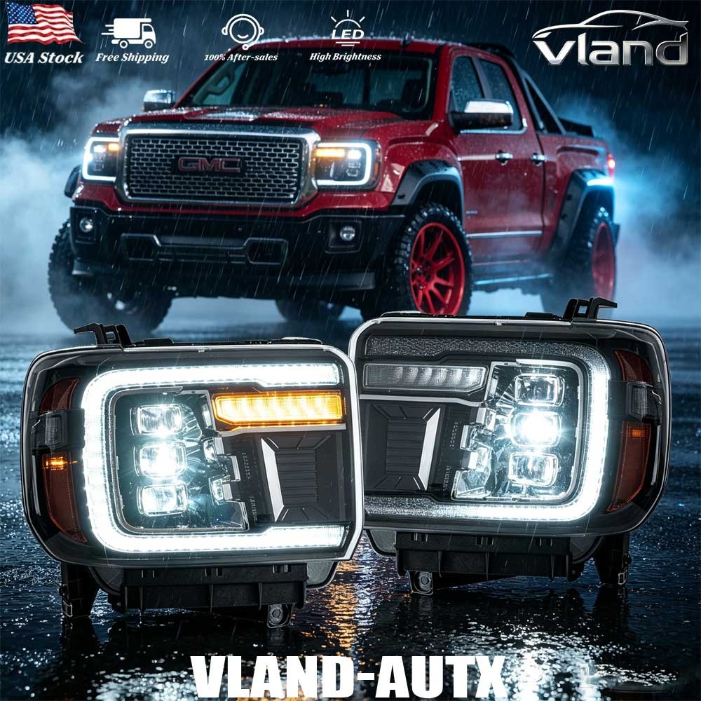 VLAND FULL LED Headlight For 2014-19 GMC Sierra 1500 2500HD 3500HD W/Sequential